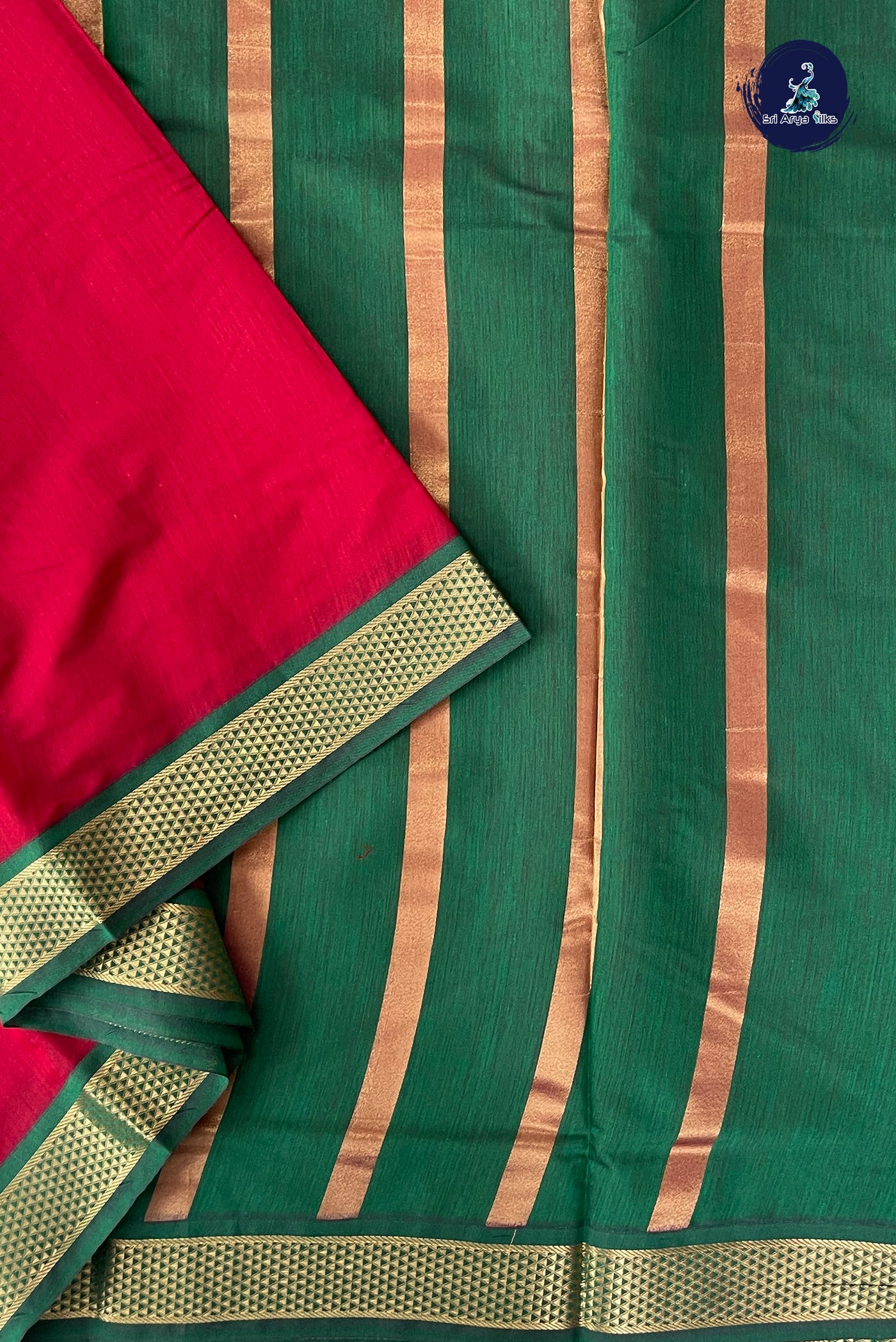 Red Madisar Semi Silk Cotton Saree With Plain Pattern