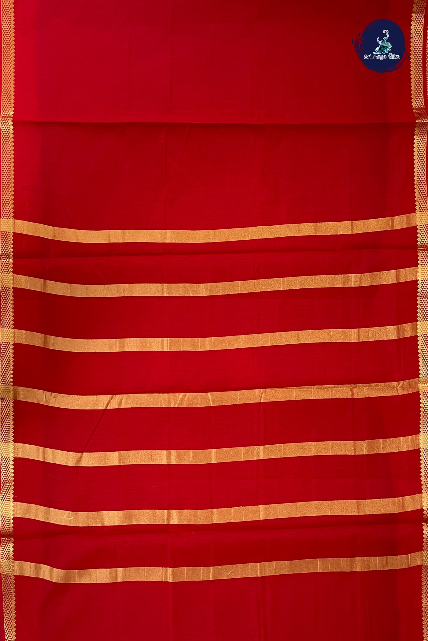 Red Madisar Semi Silk Cotton Saree With Plain Pattern