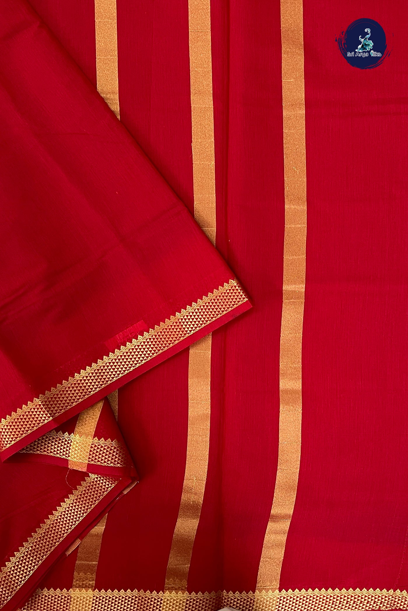Red Madisar Semi Silk Cotton Saree With Plain Pattern