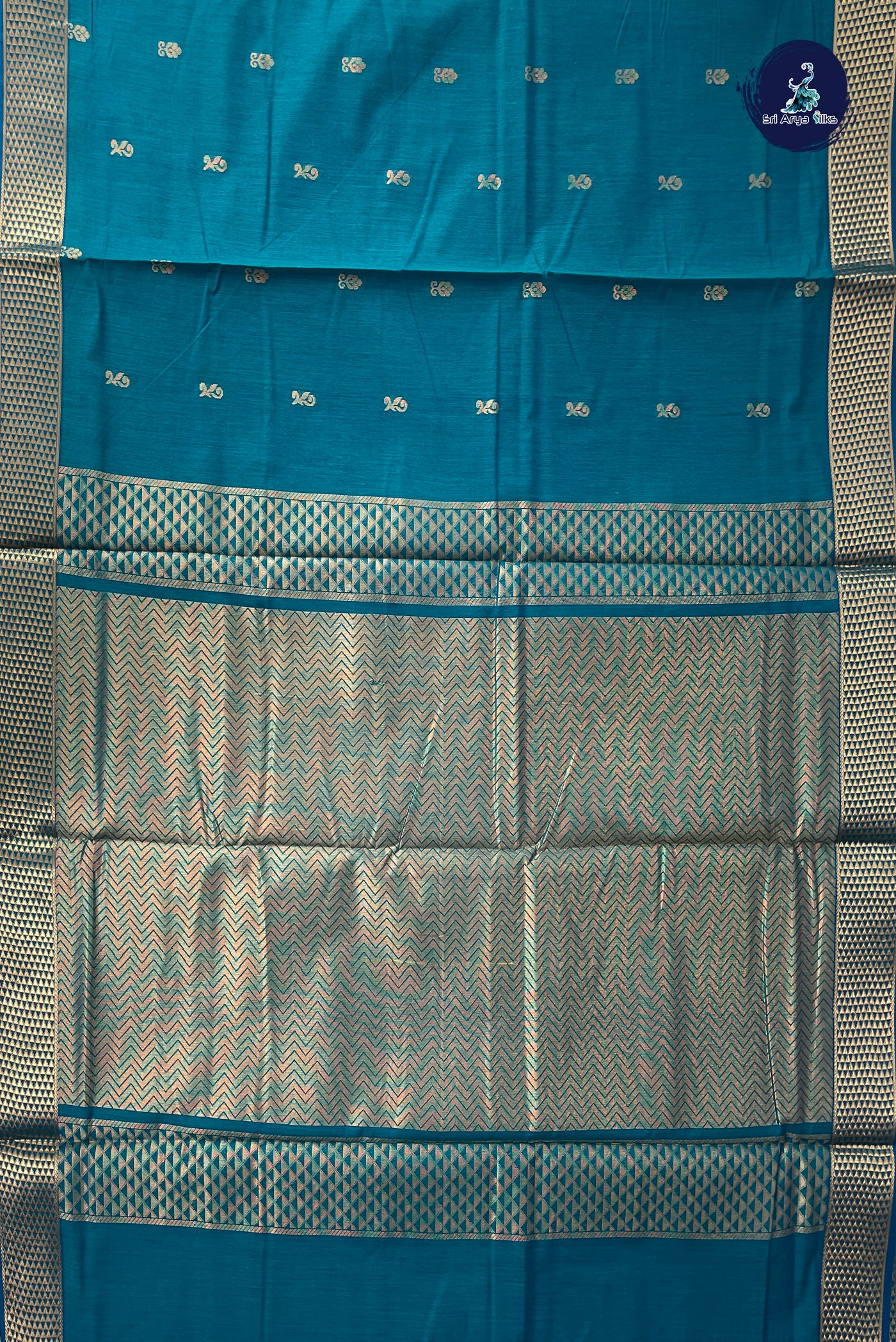 Sapphire Green Madisar Semi Silk Cotton Saree With Zari Buttas Pattern