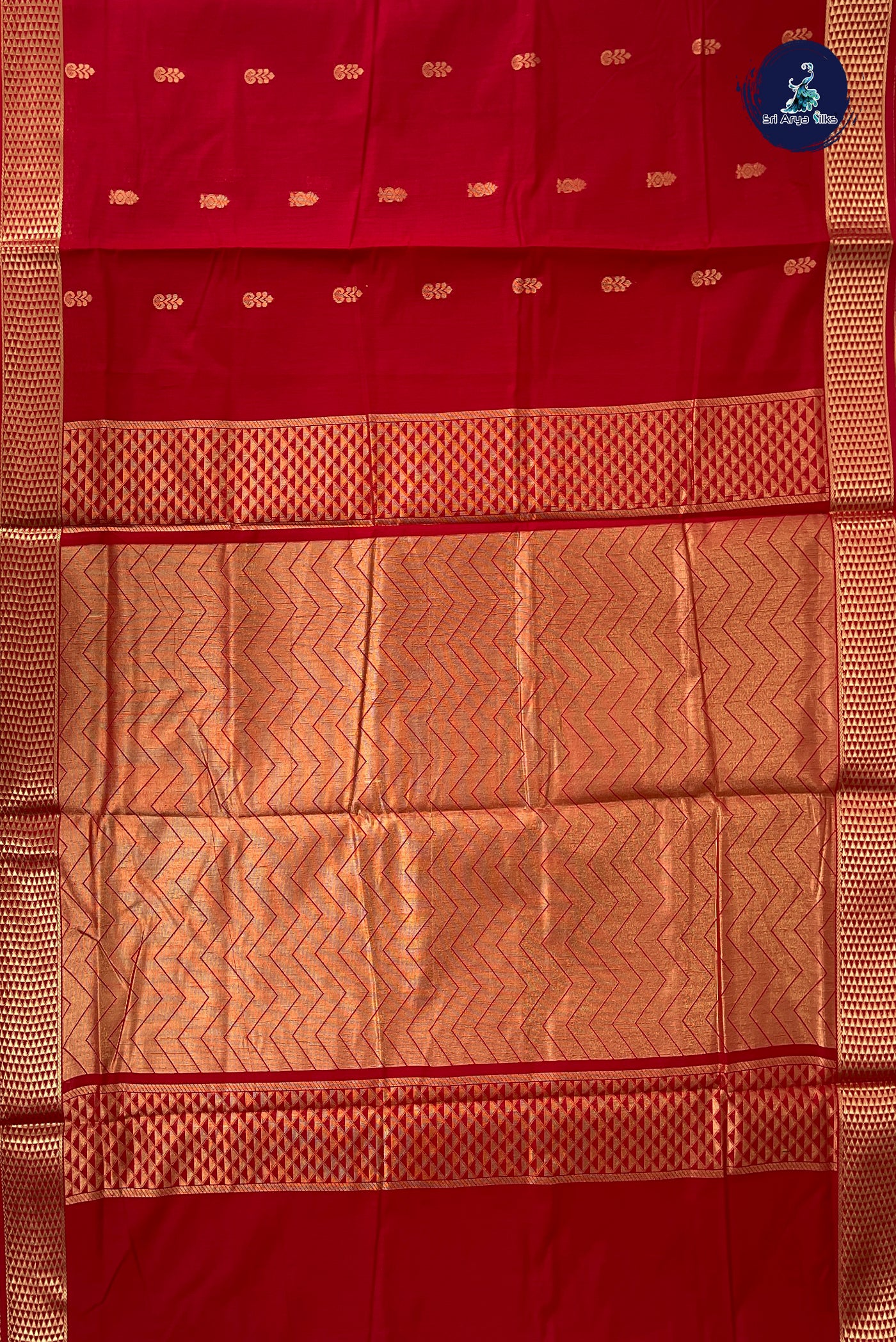 Red Madisar Semi Silk Cotton Saree With Zari Buttas Pattern