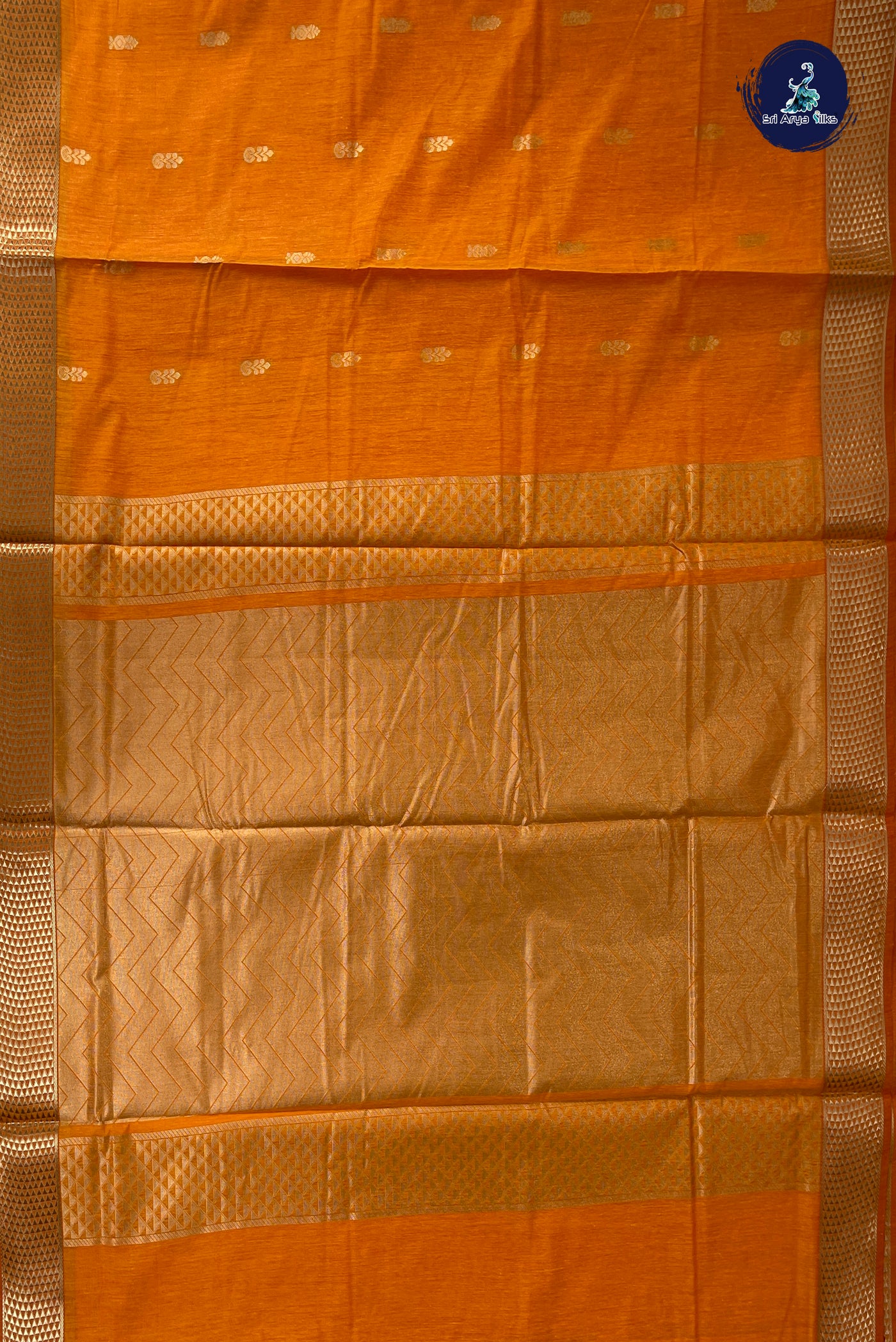Yellowish Orange Madisar Semi Silk Cotton Saree With Zari Buttas Pattern
