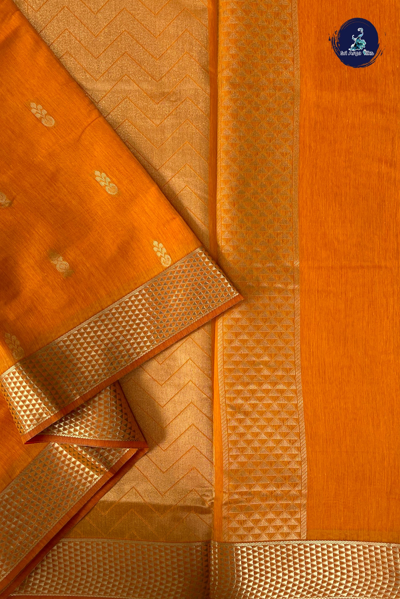 Yellowish Orange Madisar Semi Silk Cotton Saree With Zari Buttas Pattern