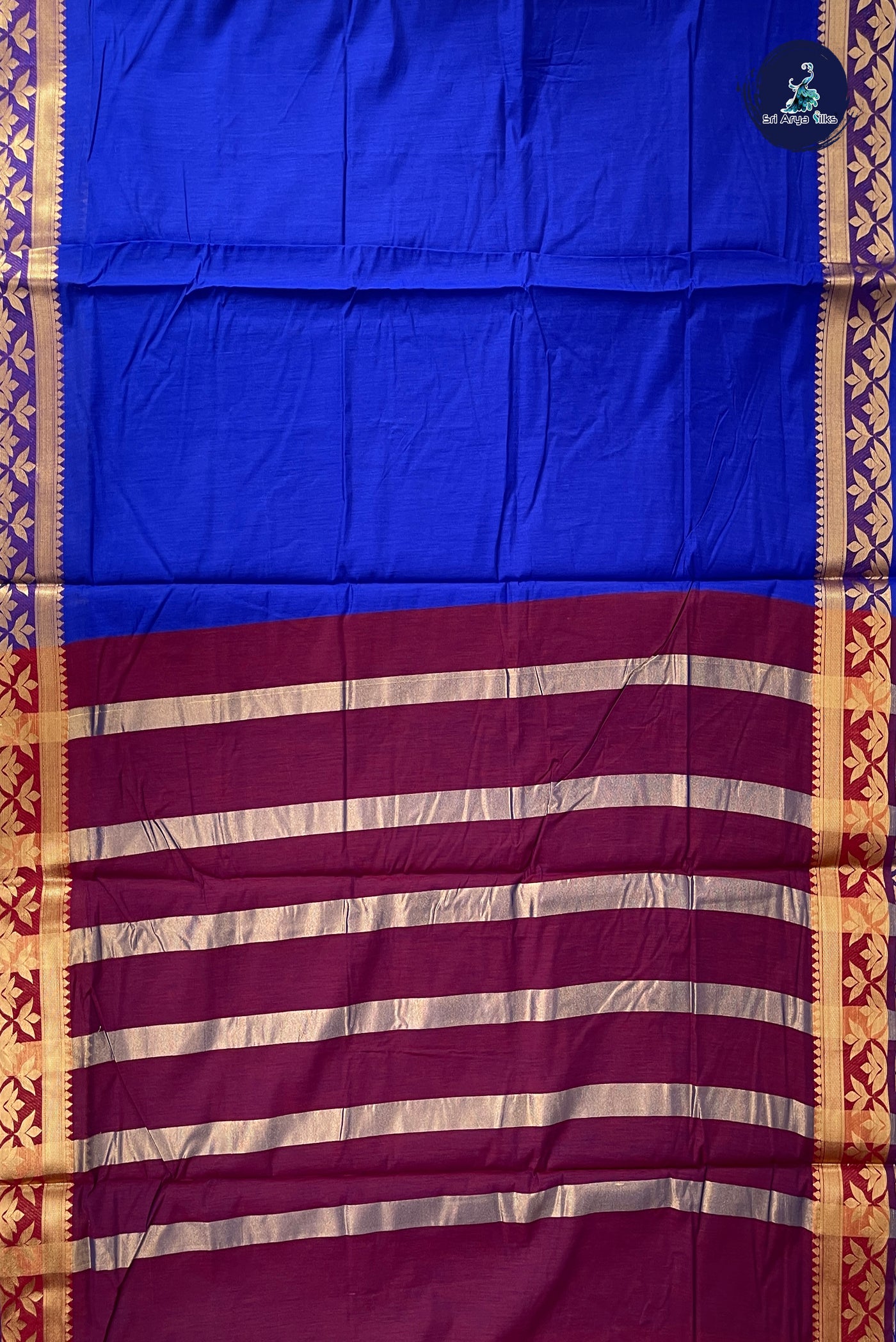 MS Blue Madisar Semi Silk Cotton Saree With Plain Pattern