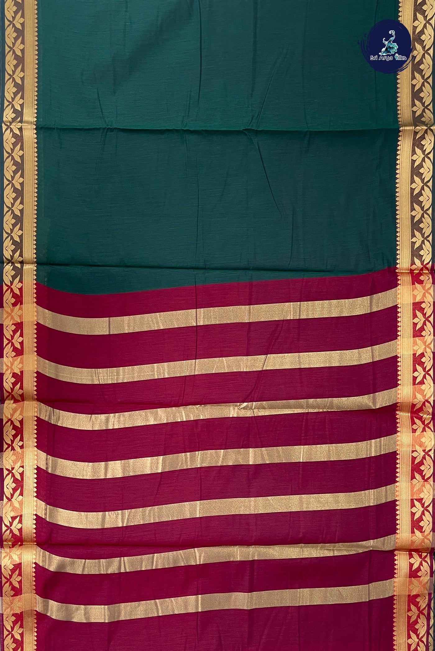 Dark Green Madisar Semi Silk Cotton Saree With Plain Pattern
