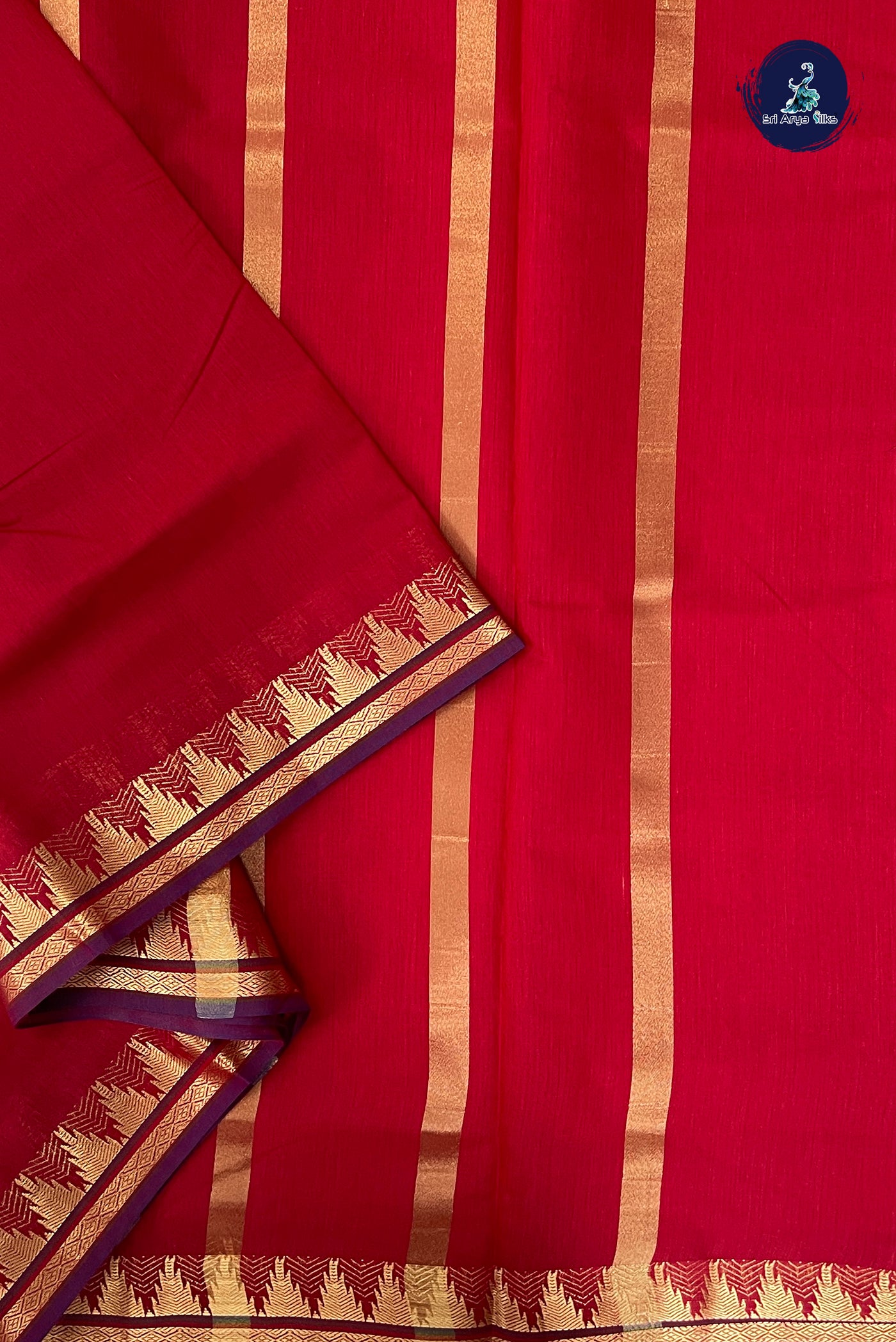 Red Madisar Semi Silk Cotton Saree With Plain Pattern