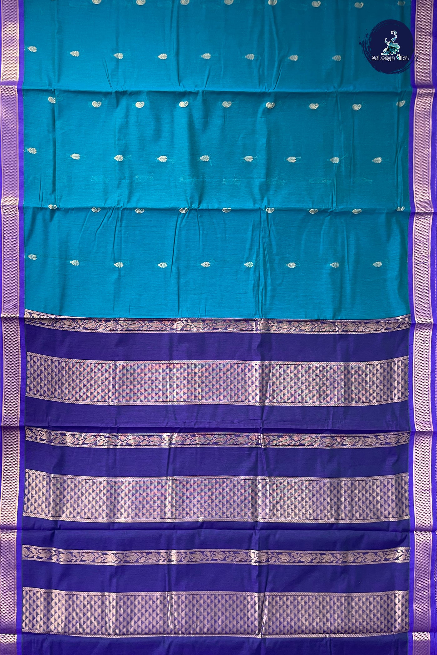 Peacock Green Madisar Semi Silk Cotton Saree With Zari Buttas Pattern