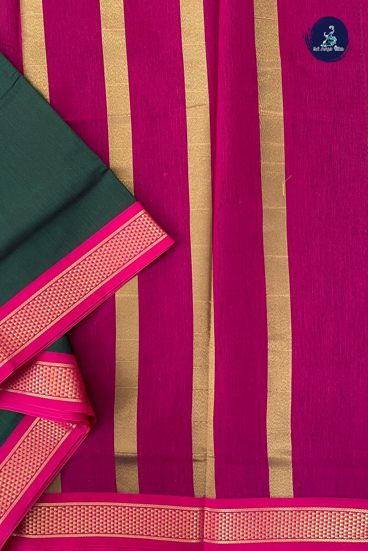 Dark Green Madisar Semi Silk Cotton Saree With Plain Pattern