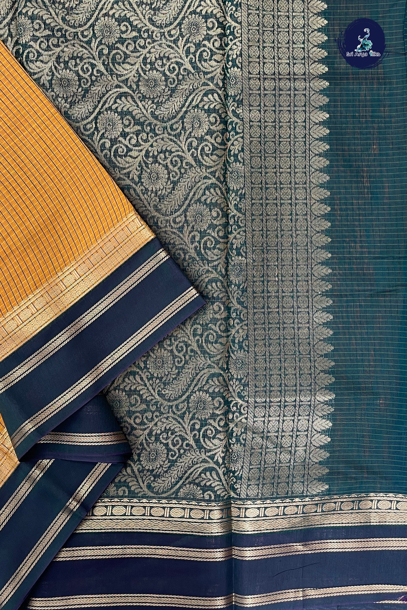Mustard Yellow Madisar Semi Silk Cotton Saree With Checked Pattern