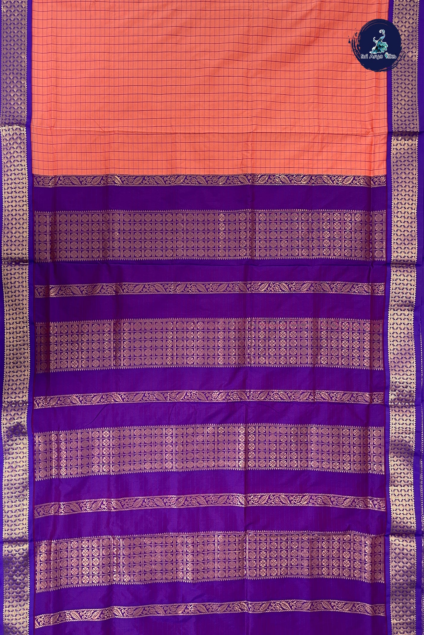 Peach Pink Madisar Semi Silk Saree With Checked Pattern