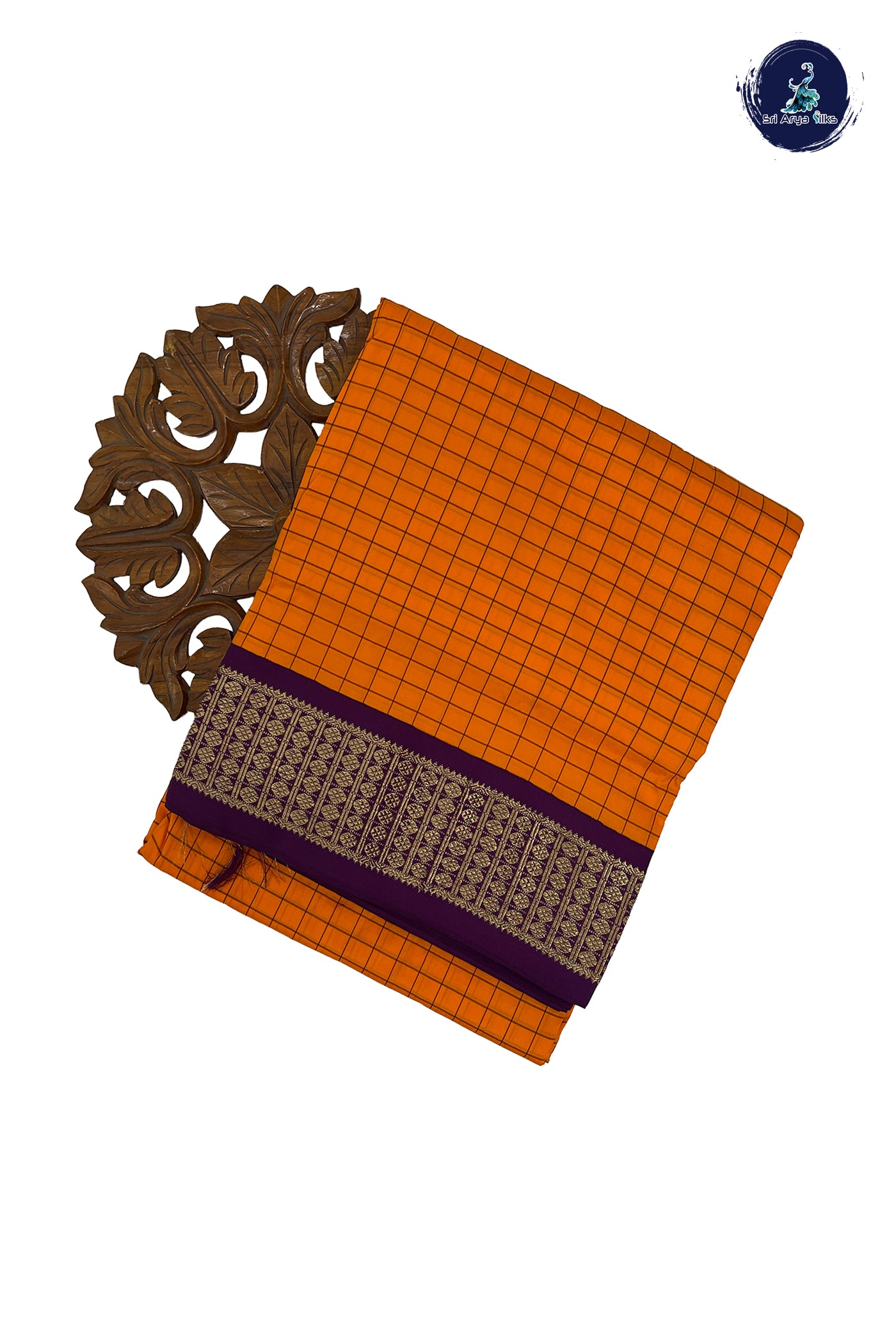 Yellowish Orange Madisar Semi Silk Saree With Checked Pattern