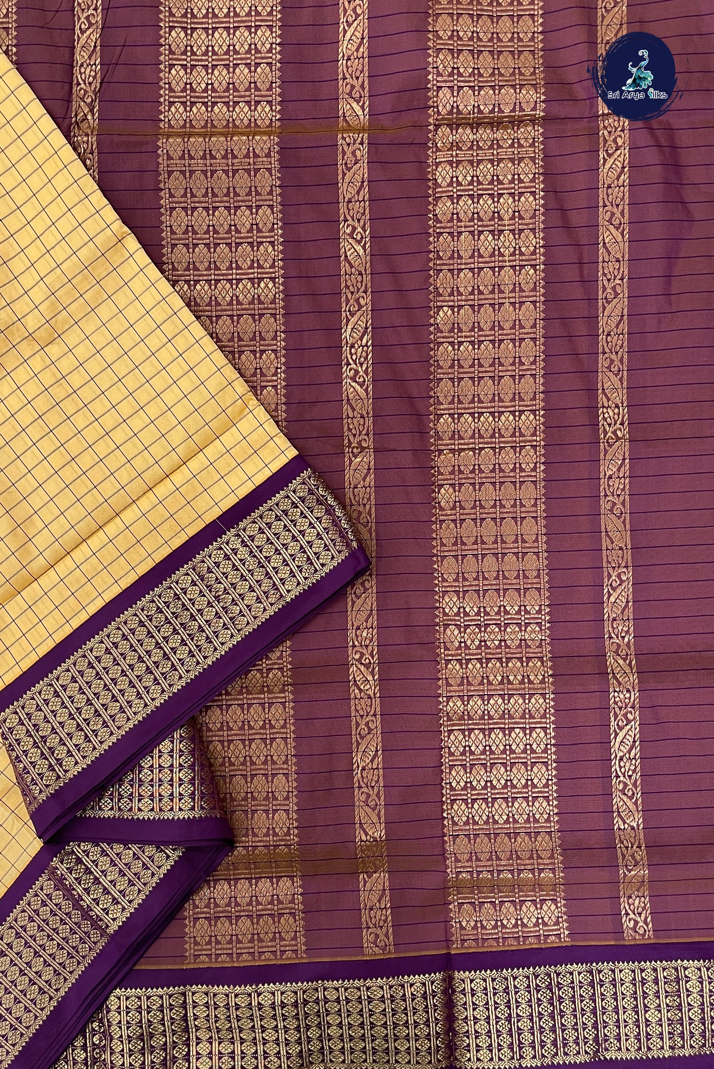 Cream Madisar Semi Silk Saree With Checked Pattern