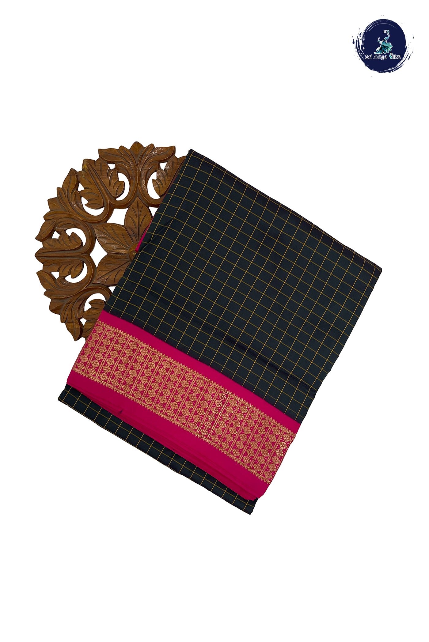 Dark Green Madisar Semi Silk Saree With Checked Pattern