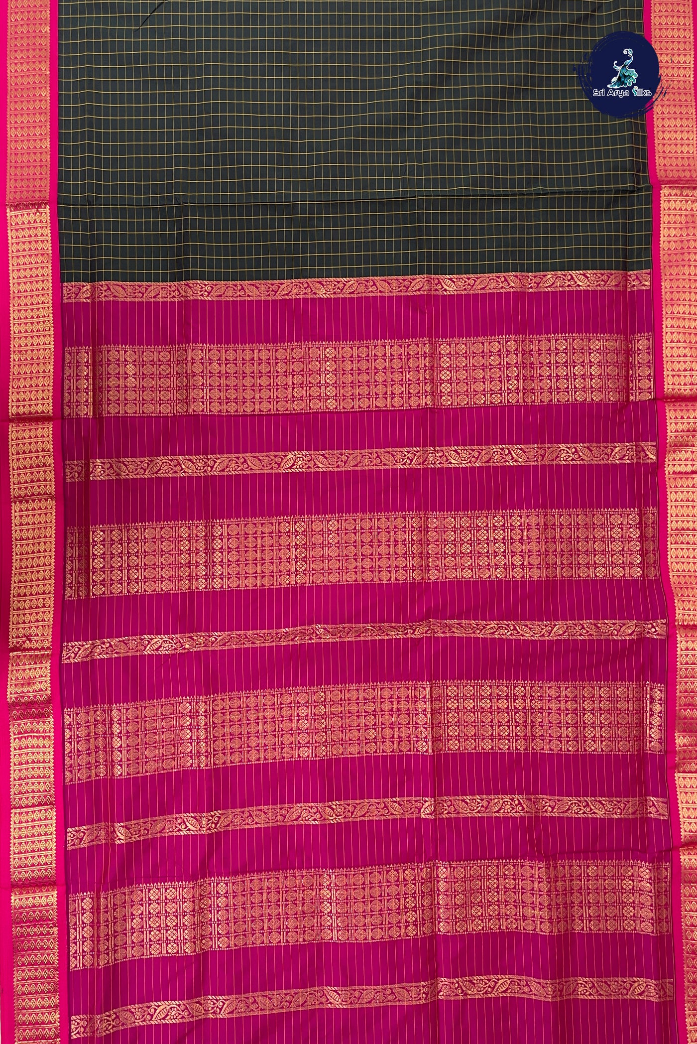 Dark Green Madisar Semi Silk Saree With Checked Pattern