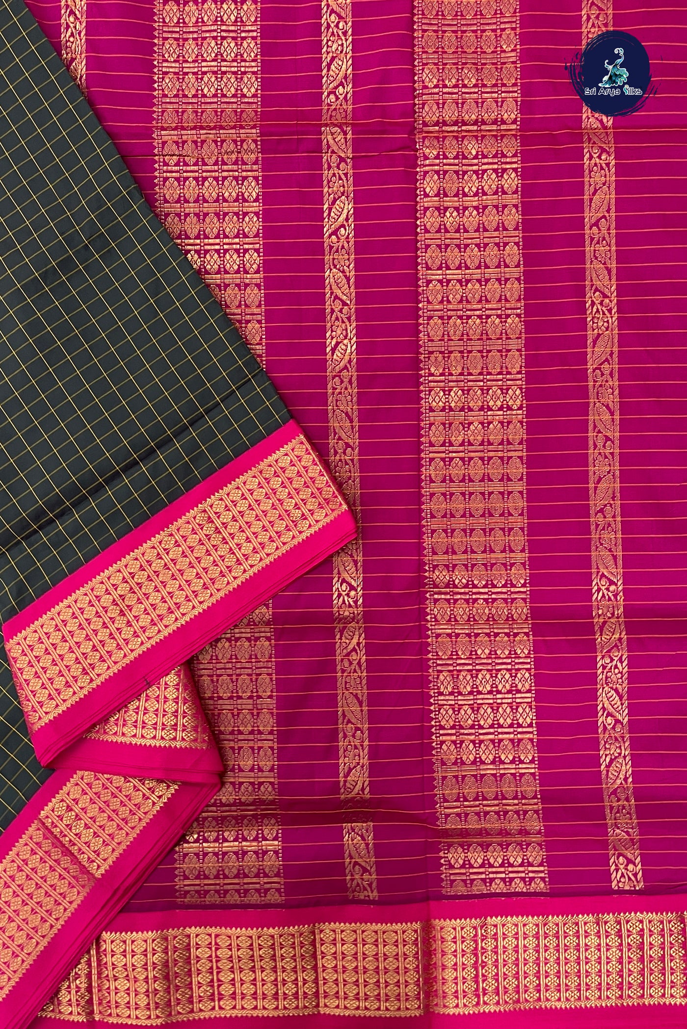 Dark Green Madisar Semi Silk Saree With Checked Pattern