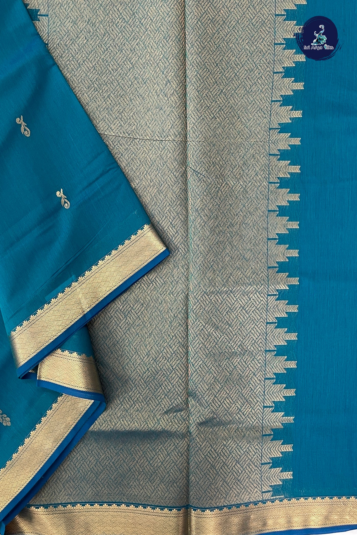 Sapphire Green Madisar Semi Silk Cotton Saree With Zari Buttas Pattern
