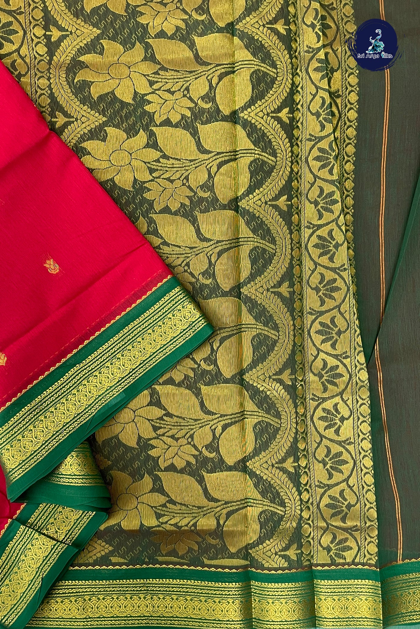Red Madisar Semi Silk Cotton Saree With Zari Buttas Pattern
