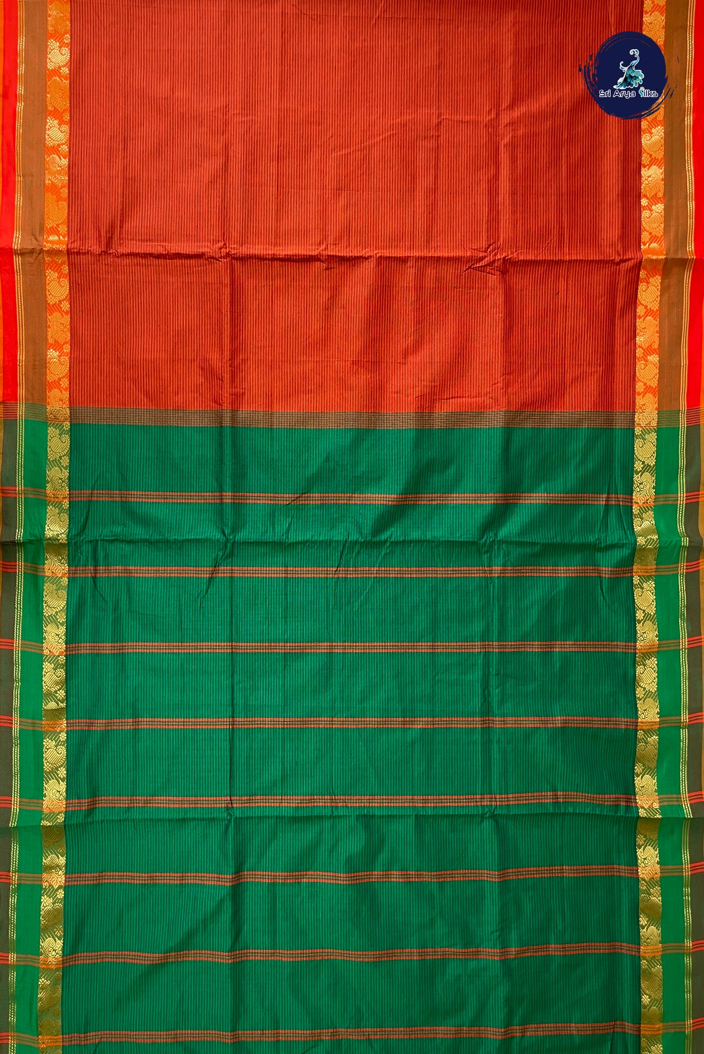 Rust Half Pure Madisar Silk Cotton Saree With Doria Lines Pattern