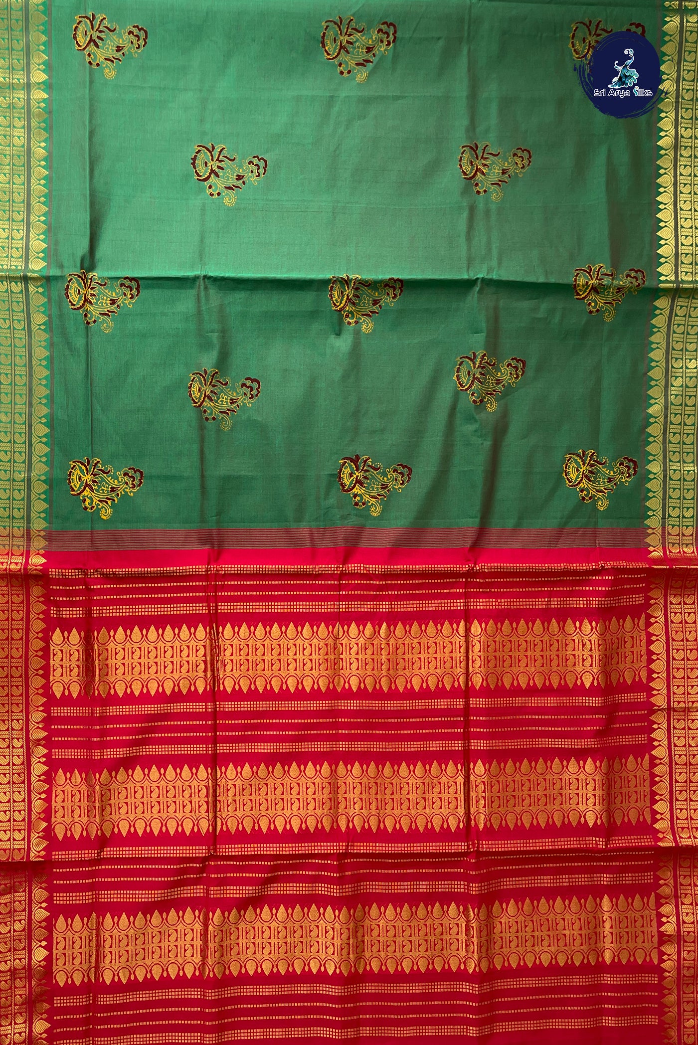 Green Half Pure Madisar Silk Cotton Saree With Printed Pattern