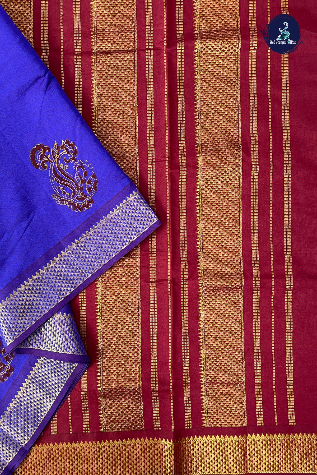 Dual Tone Violet Half Pure Madisar Silk Cotton Saree With Printed Pattern