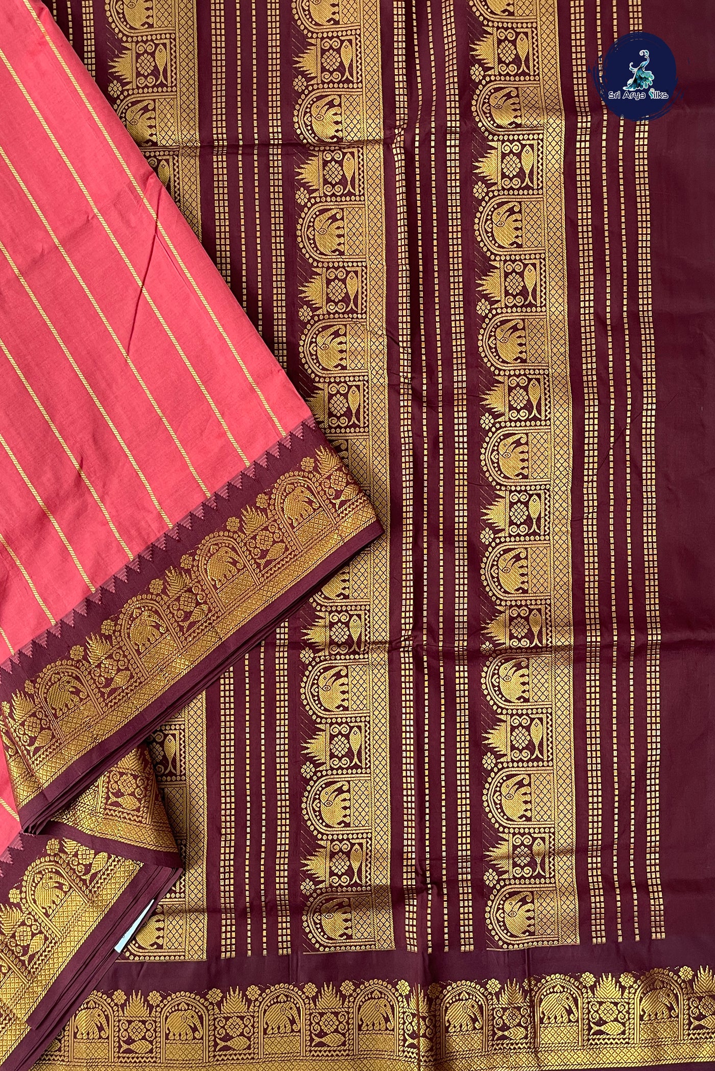 Peach Half Pure Madisar Silk Cotton Saree With Stripes Pattern