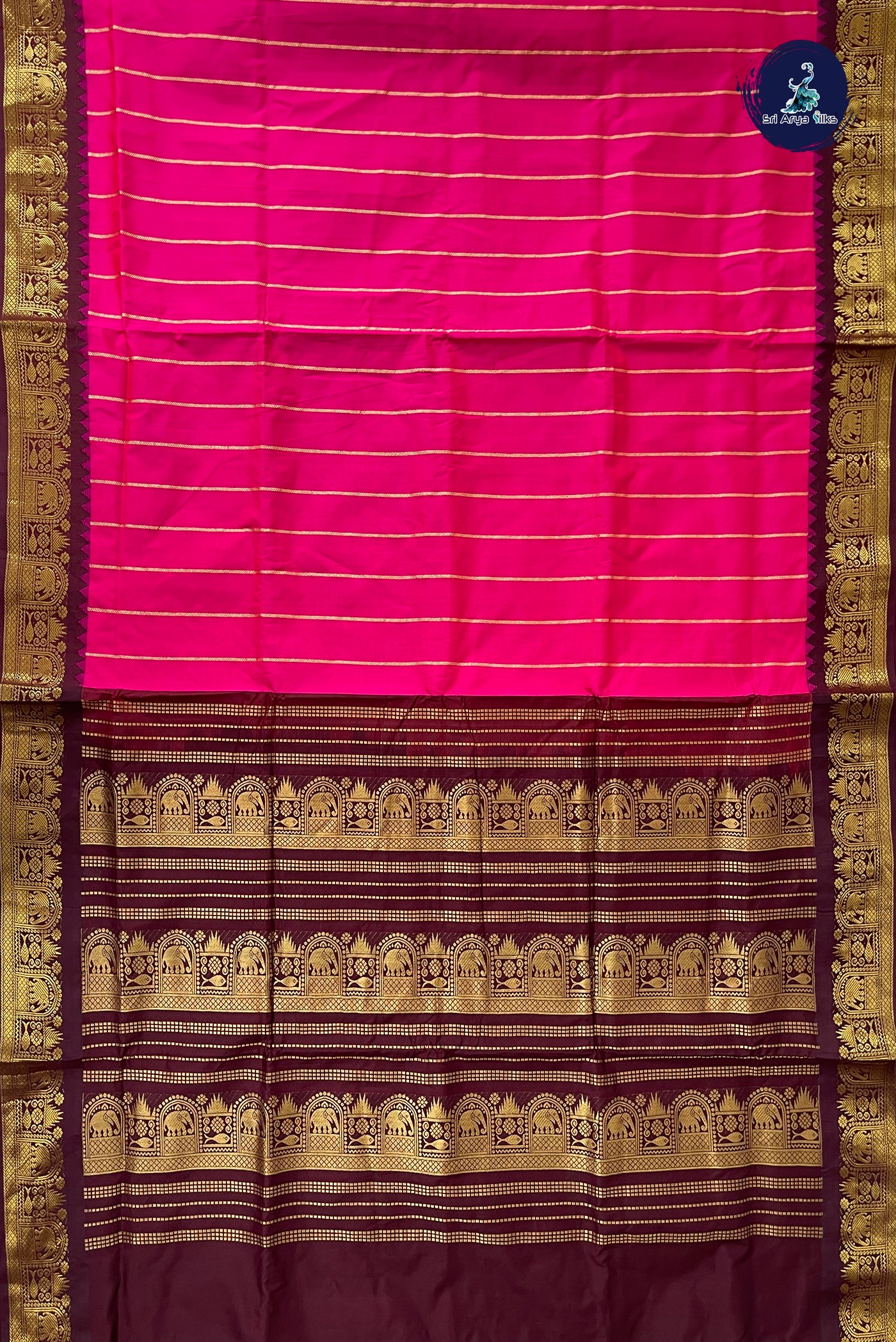 Pink Half Pure Madisar Silk Cotton Saree With Stripes Pattern