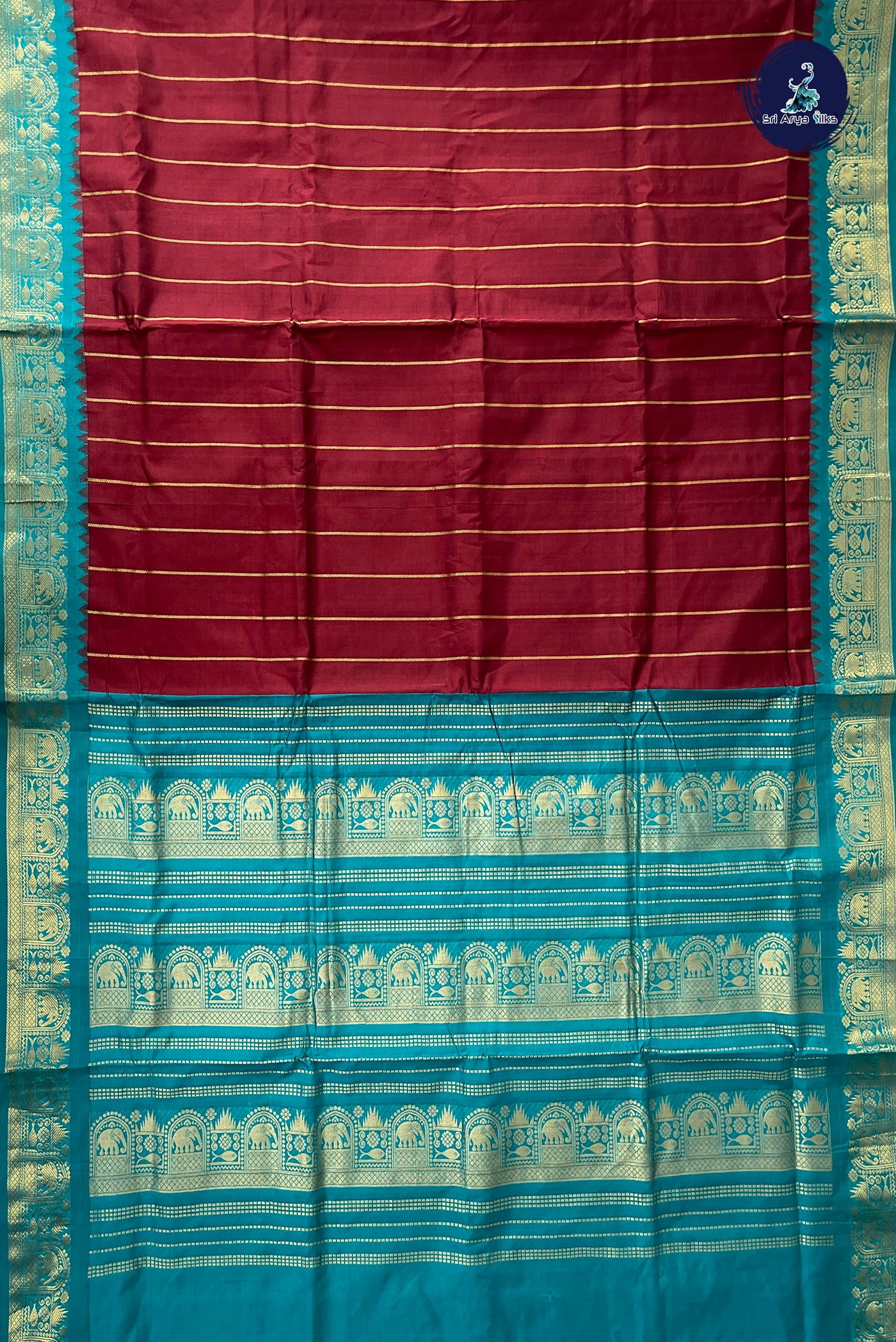 Brown Half Pure Madisar Silk Cotton Saree With Stripes Pattern