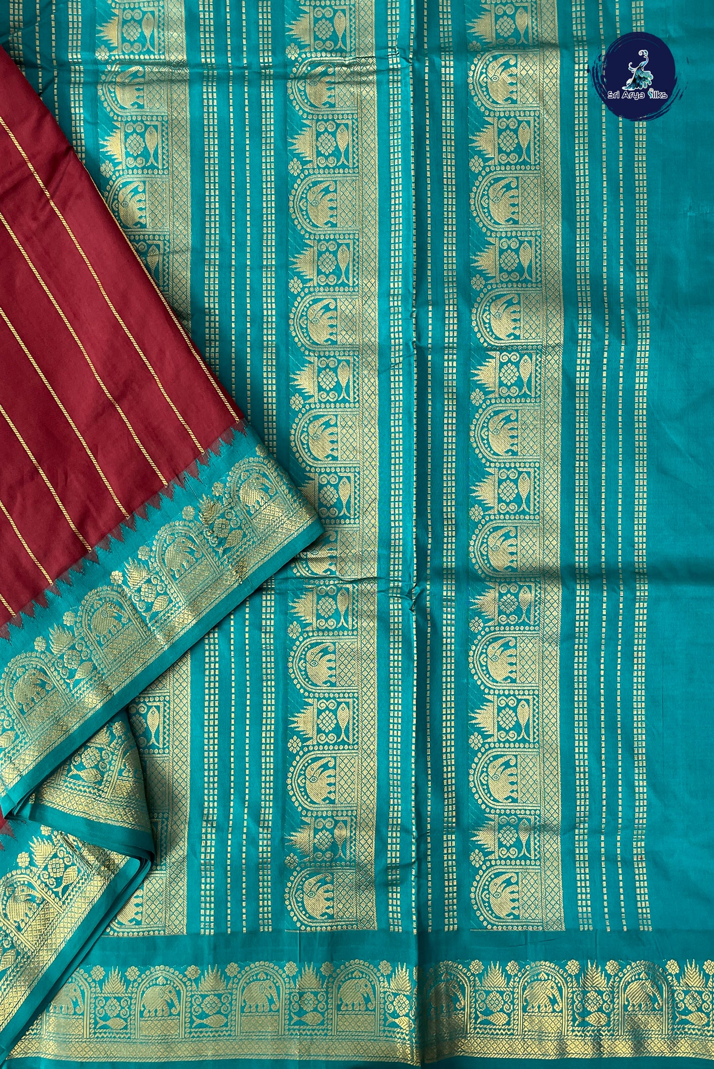 Brown Half Pure Madisar Silk Cotton Saree With Stripes Pattern