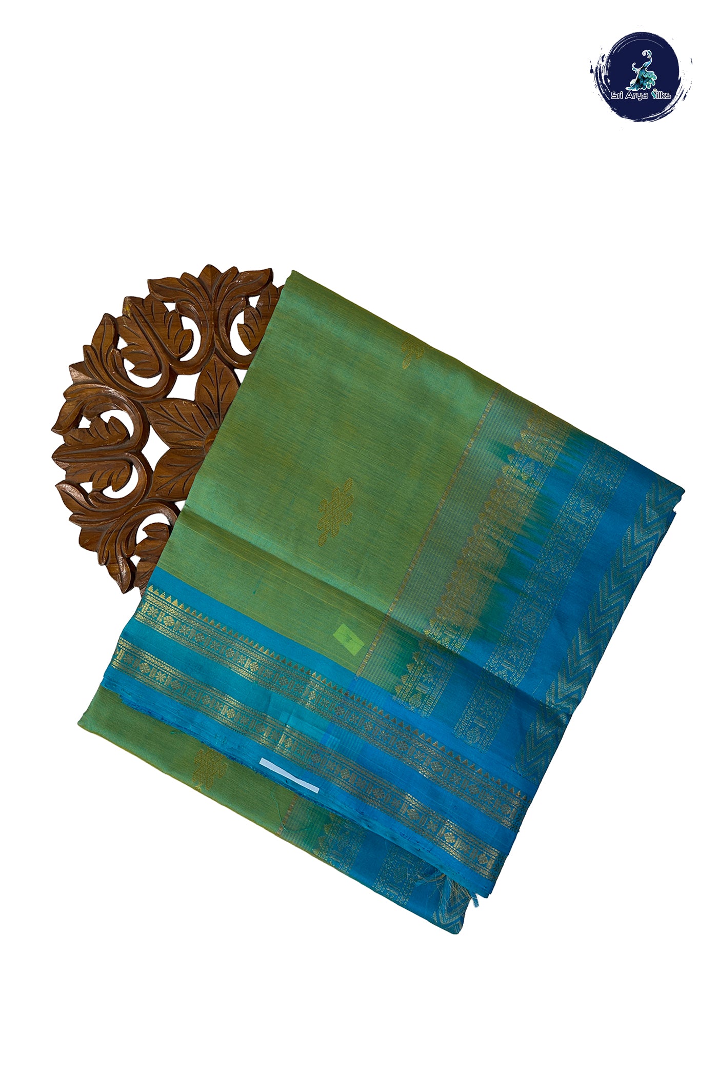 Dual Tone Green Madisar Silk Cotton Saree With Kolam Butta Pattern
