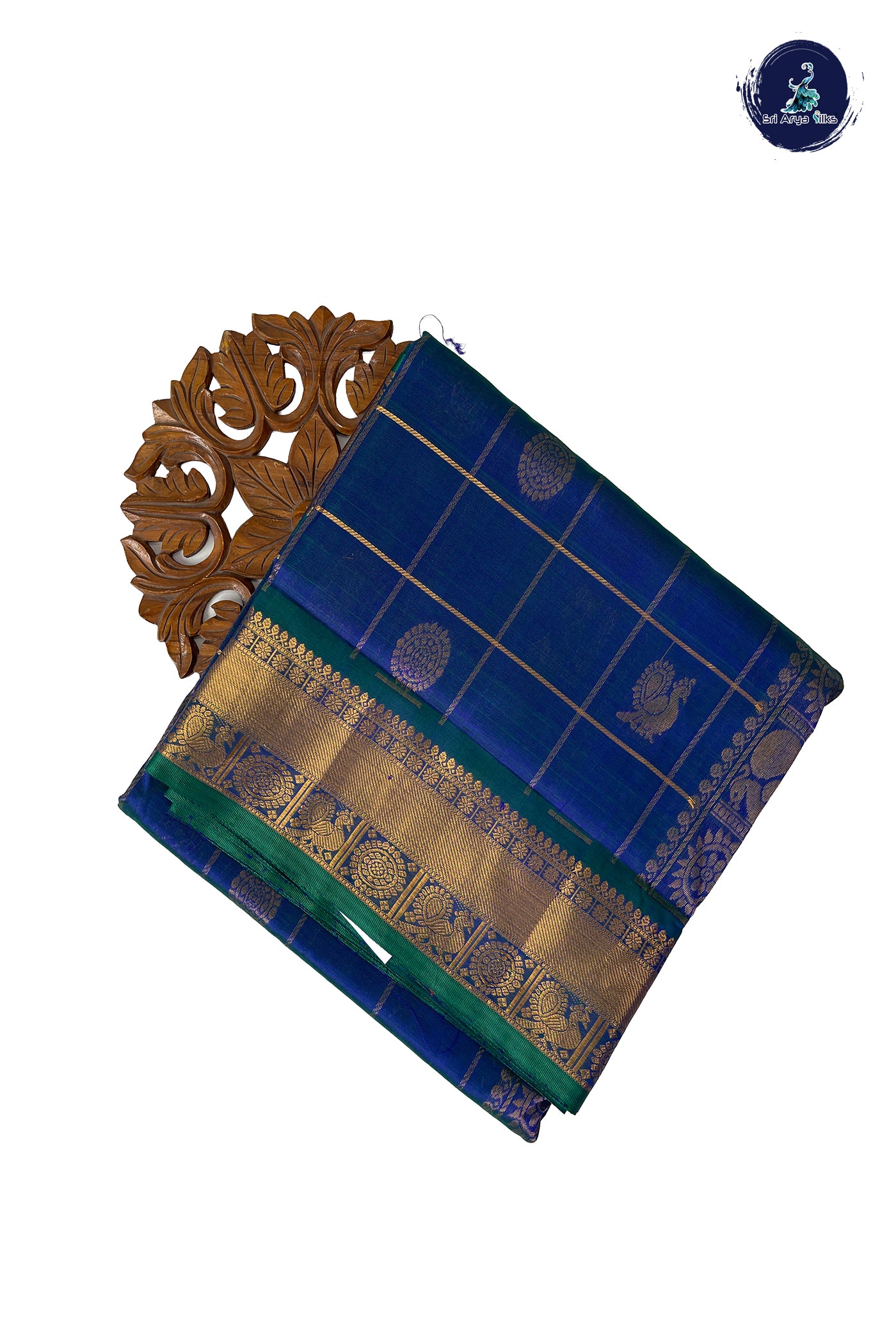 Peacock Blue Madisar Silk Cotton Saree With Zari Checked Pattern