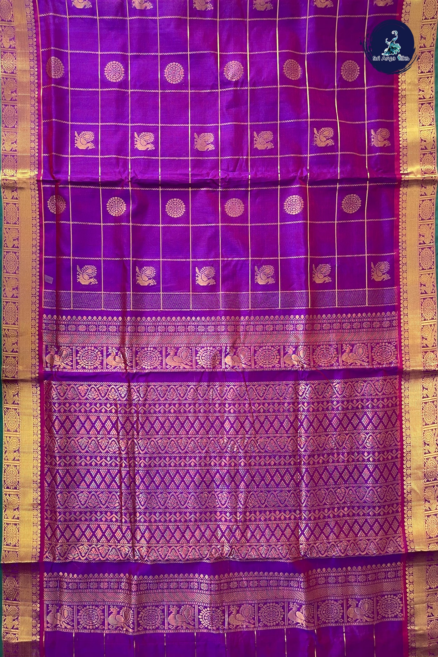 Dual Tone Purple Madisar Silk Cotton Saree With Zari Checked Pattern