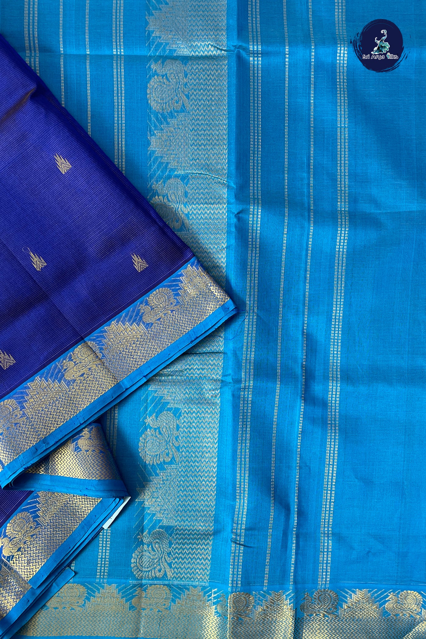 MS Blue Madisar Silk Cotton Saree With Vaira Oosi Pattern