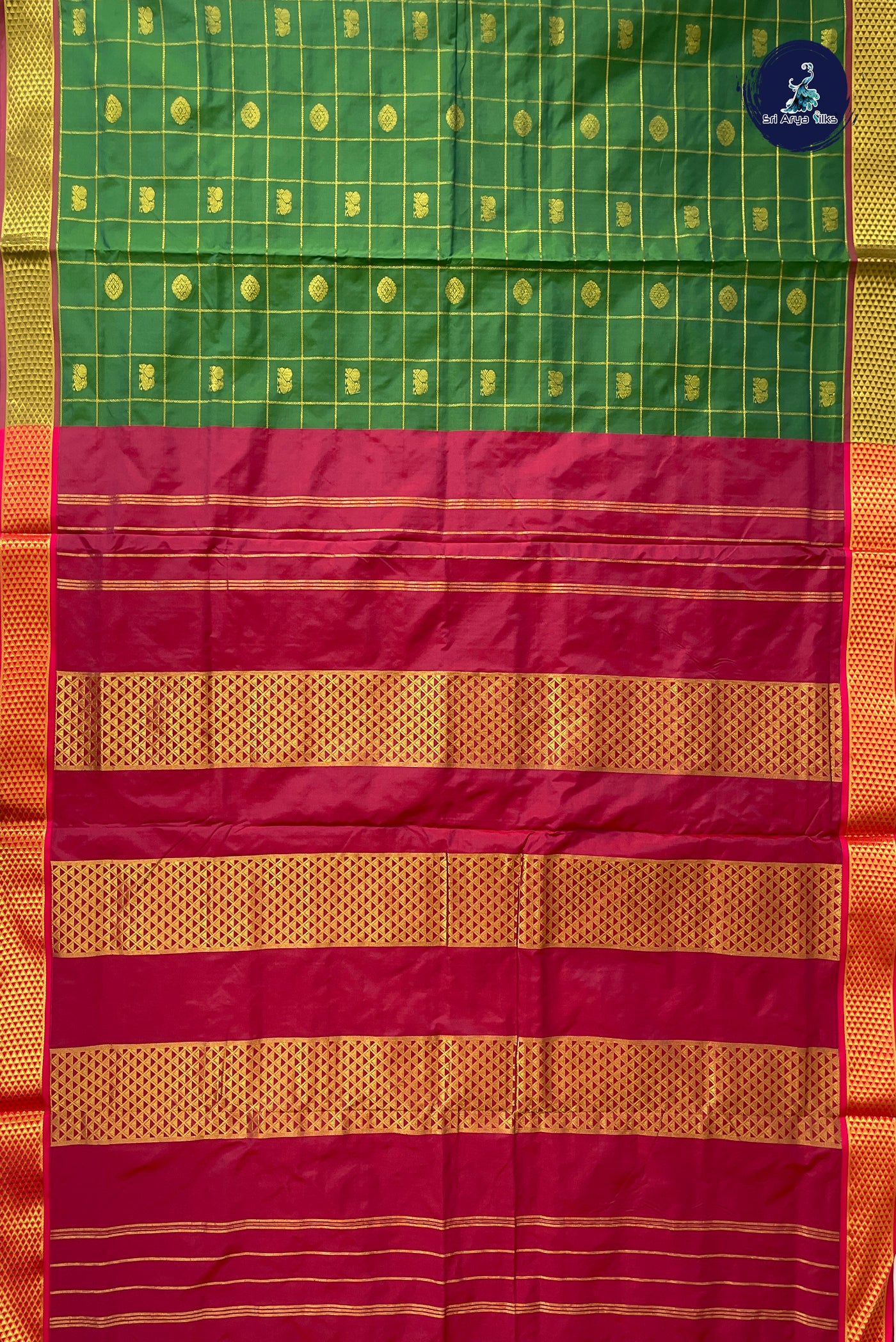 Green Madisar Semi Silk Saree With Zari Checked Pattern