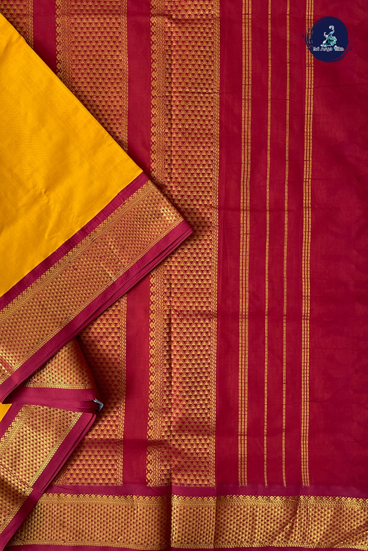 Turmeric Yellow Half Pure Madisar Silk Cotton Saree With Plain Pattern