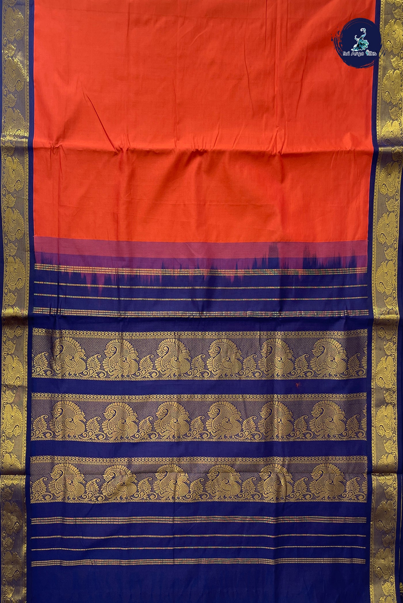 Burnt Orange Half Pure Madisar Silk Cotton Saree With Plain Pattern