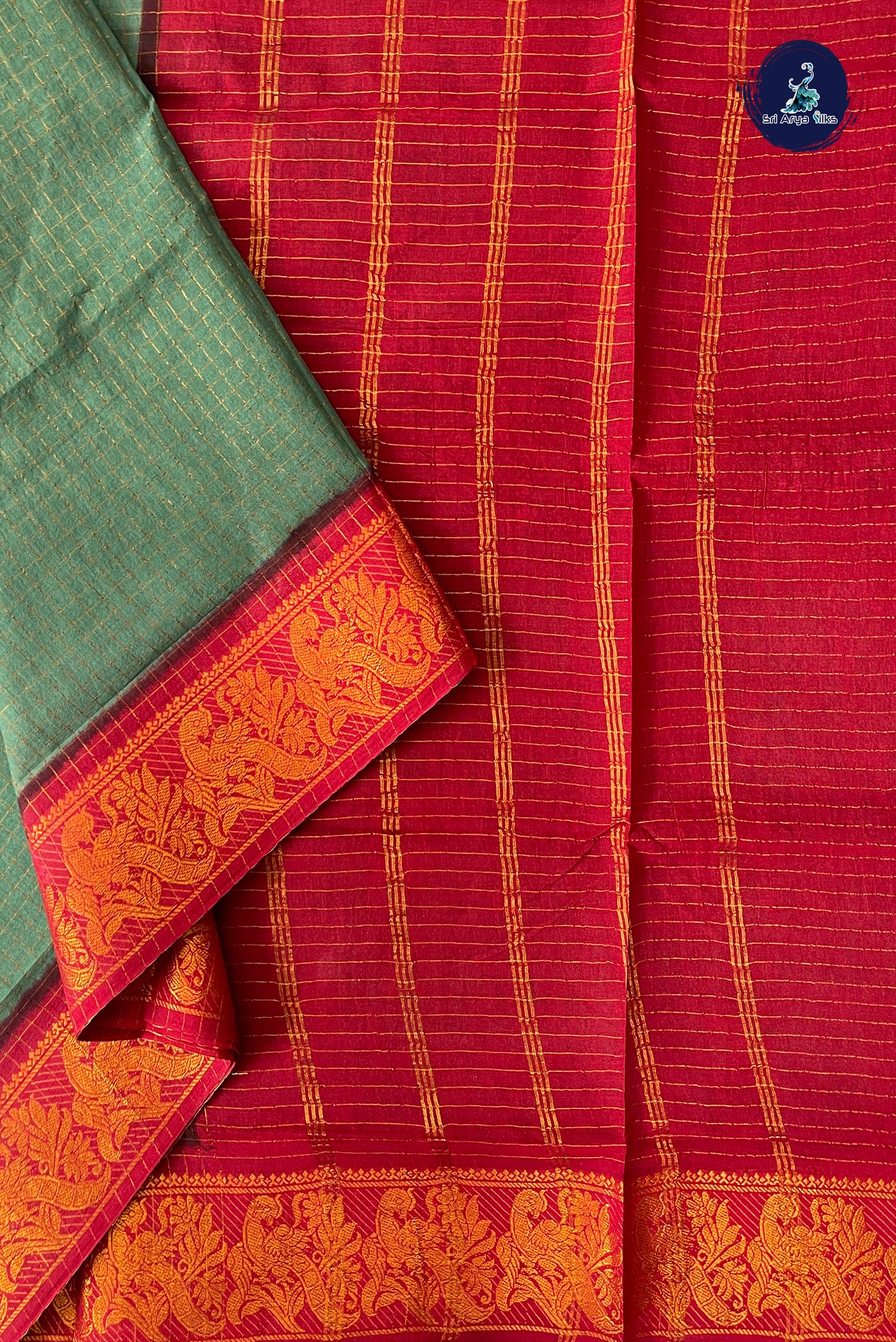 Green Sugundi Cotton Madisar Saree With Zari Checked Pattern