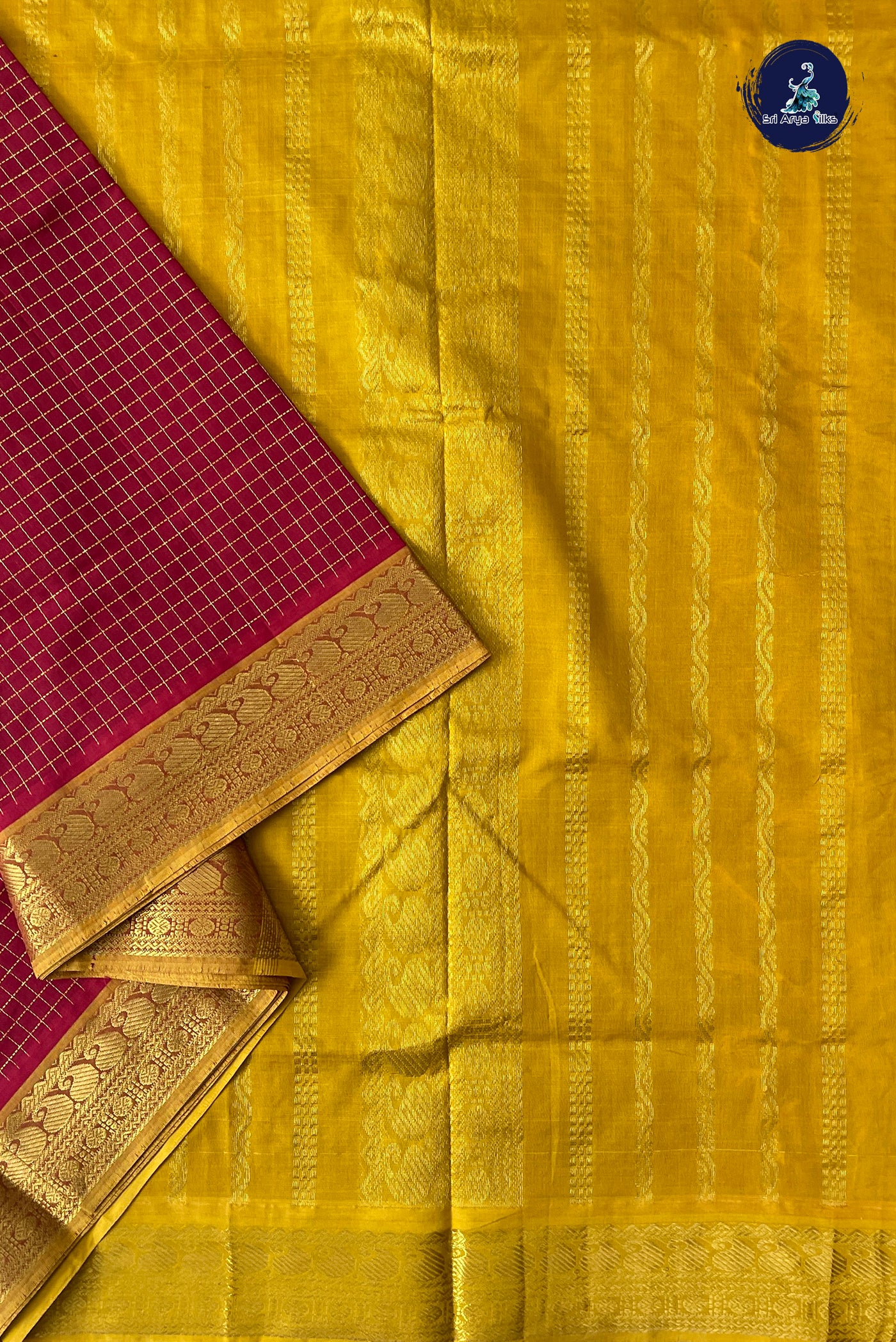 Maroon Half Pure Madisar Silk Cotton Saree With Zari Checked Pattern