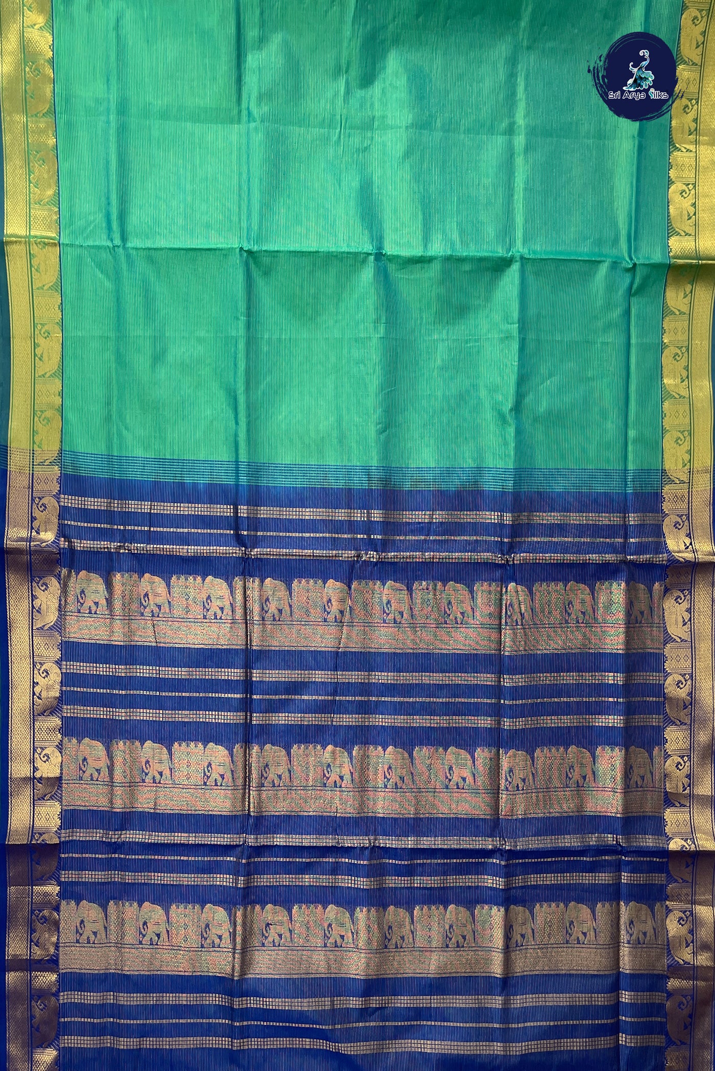 Bluish Green Half Pure Madisar Silk Cotton Saree With Vaira Oosi Pattern