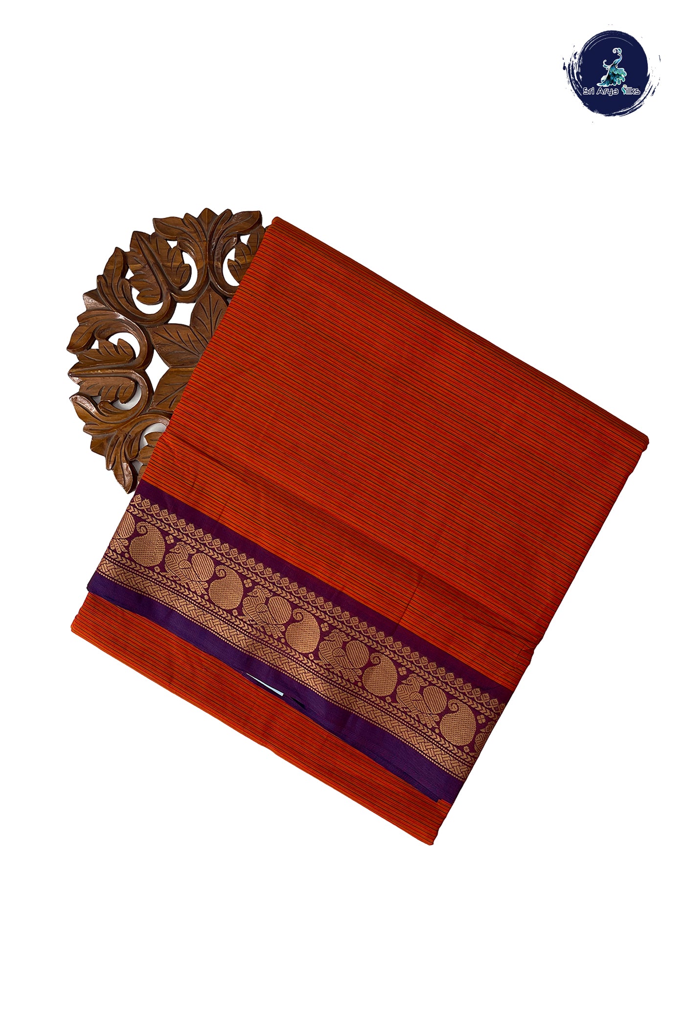 Orange 10.5 Yards Madisar Saree With Stripes Pattern