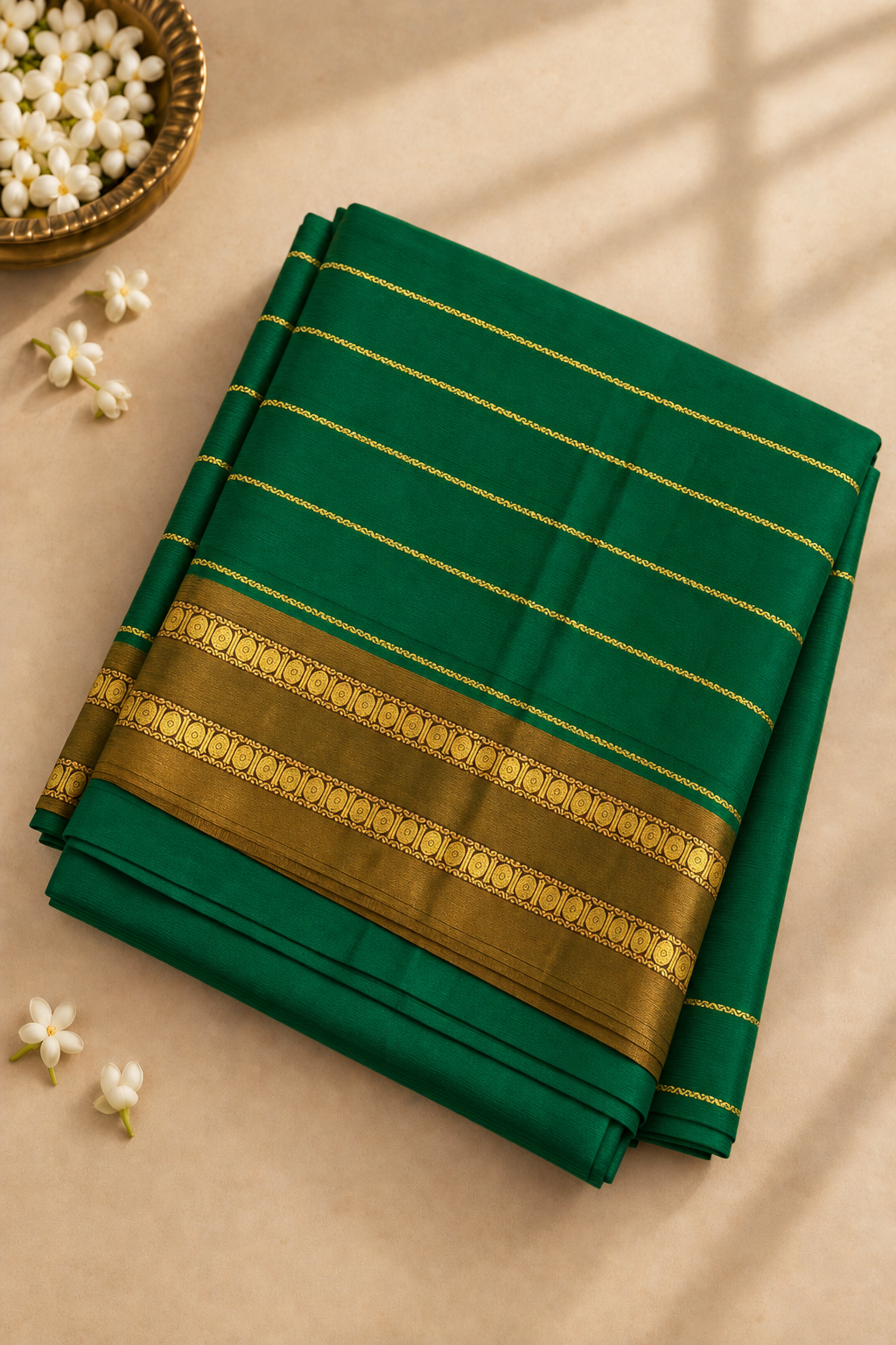 Green Devendra Cotton Madisar Saree With Veldhari Stripes Pattern