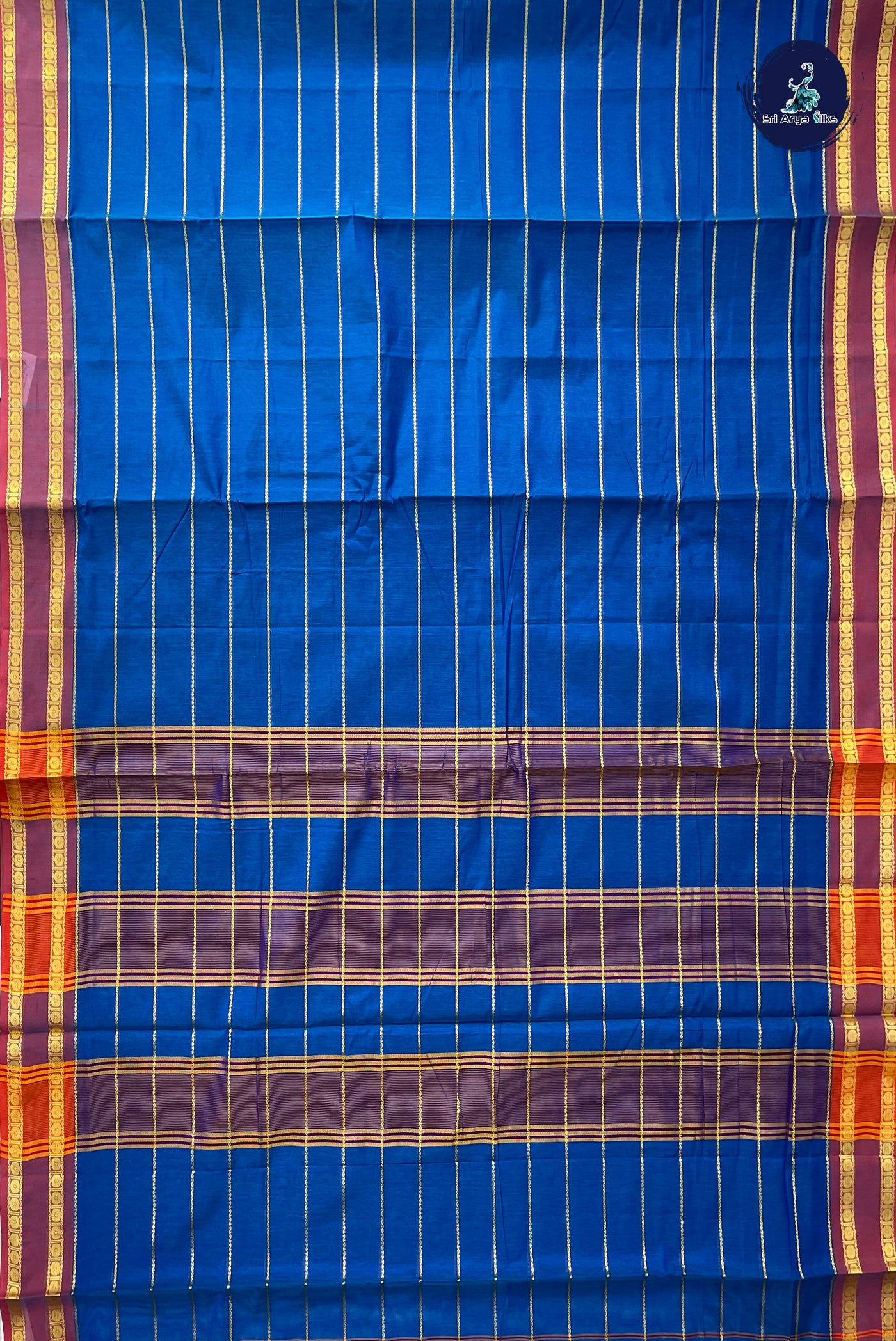 Blue Devendra Cotton Madisar Saree With Veldhari Stripes Pattern