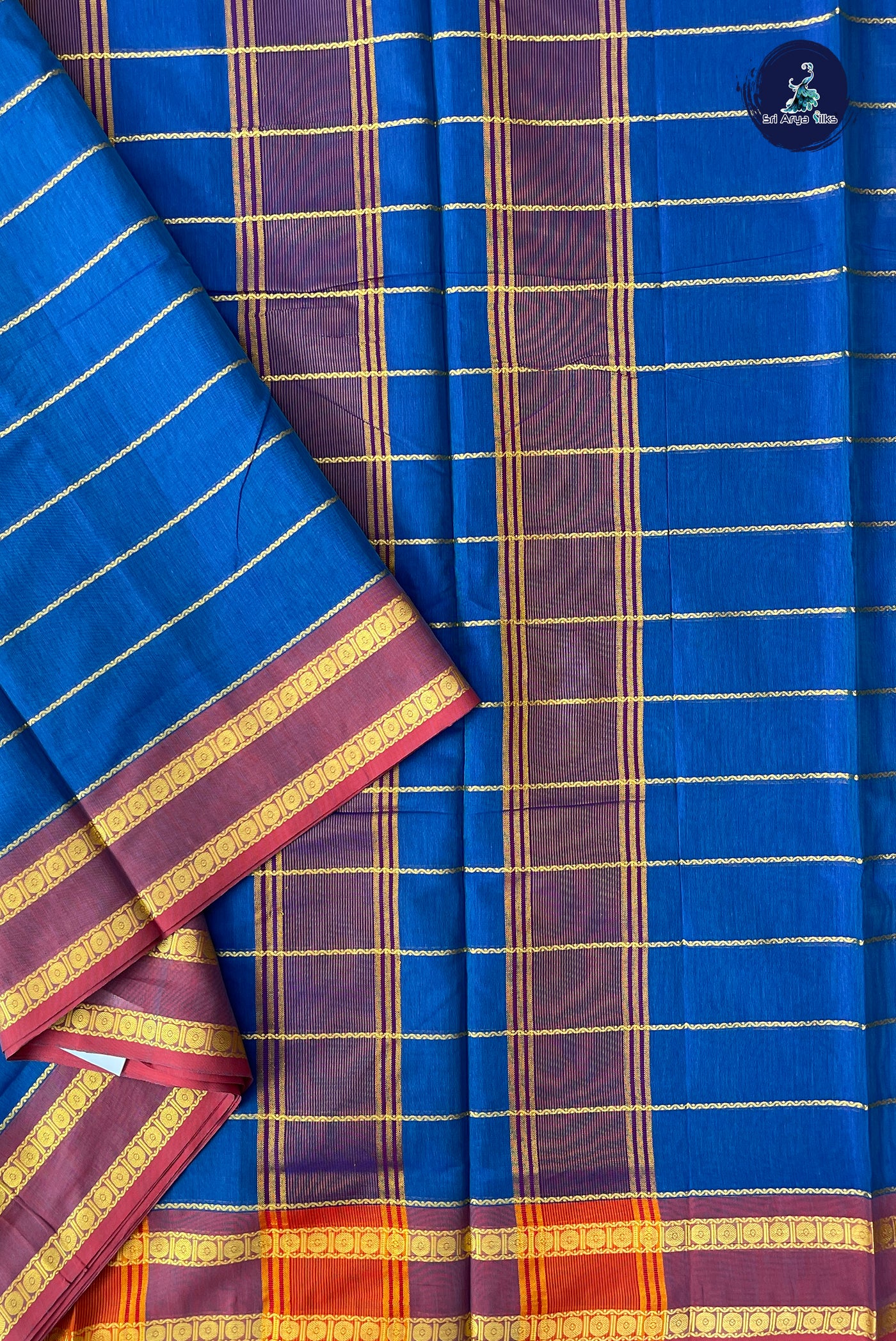 Blue Devendra Cotton Madisar Saree With Veldhari Stripes Pattern