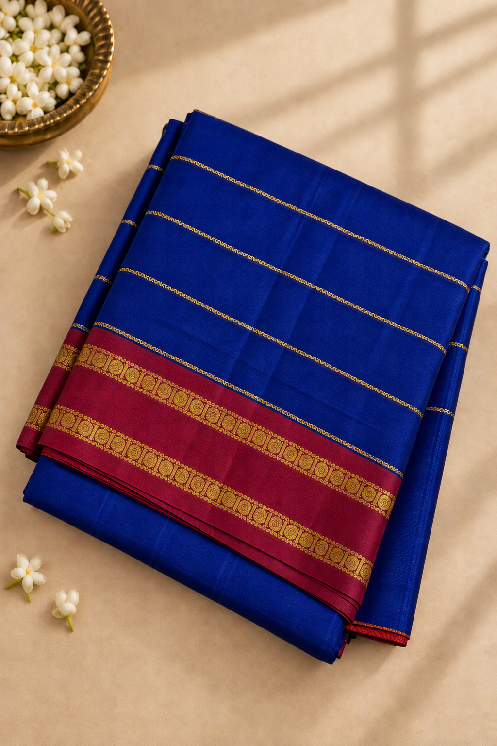 Dark Blue Devendra Cotton Madisar Saree With Veldhari Stripes Pattern