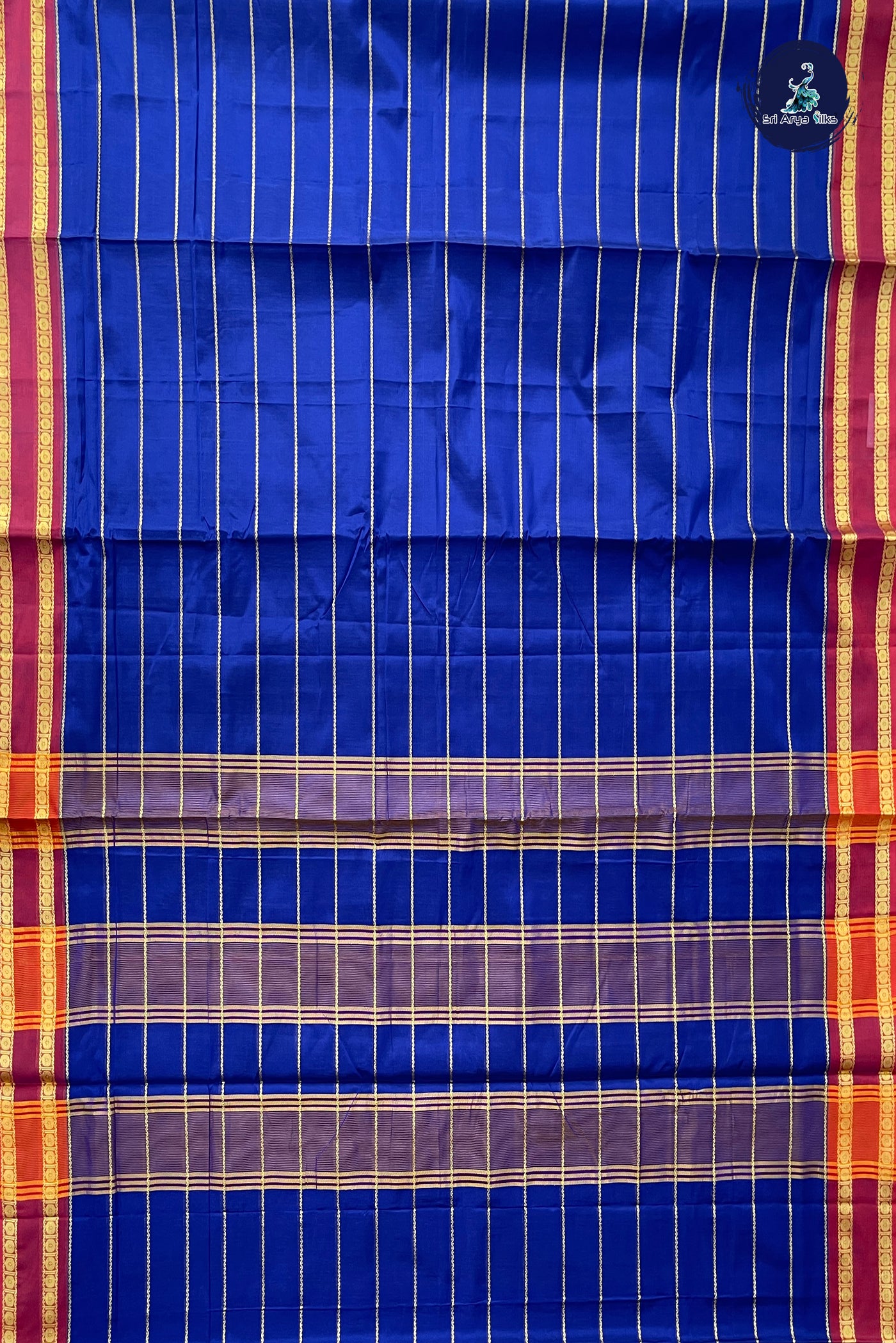 Dark Blue Devendra Cotton Madisar Saree With Veldhari Stripes Pattern