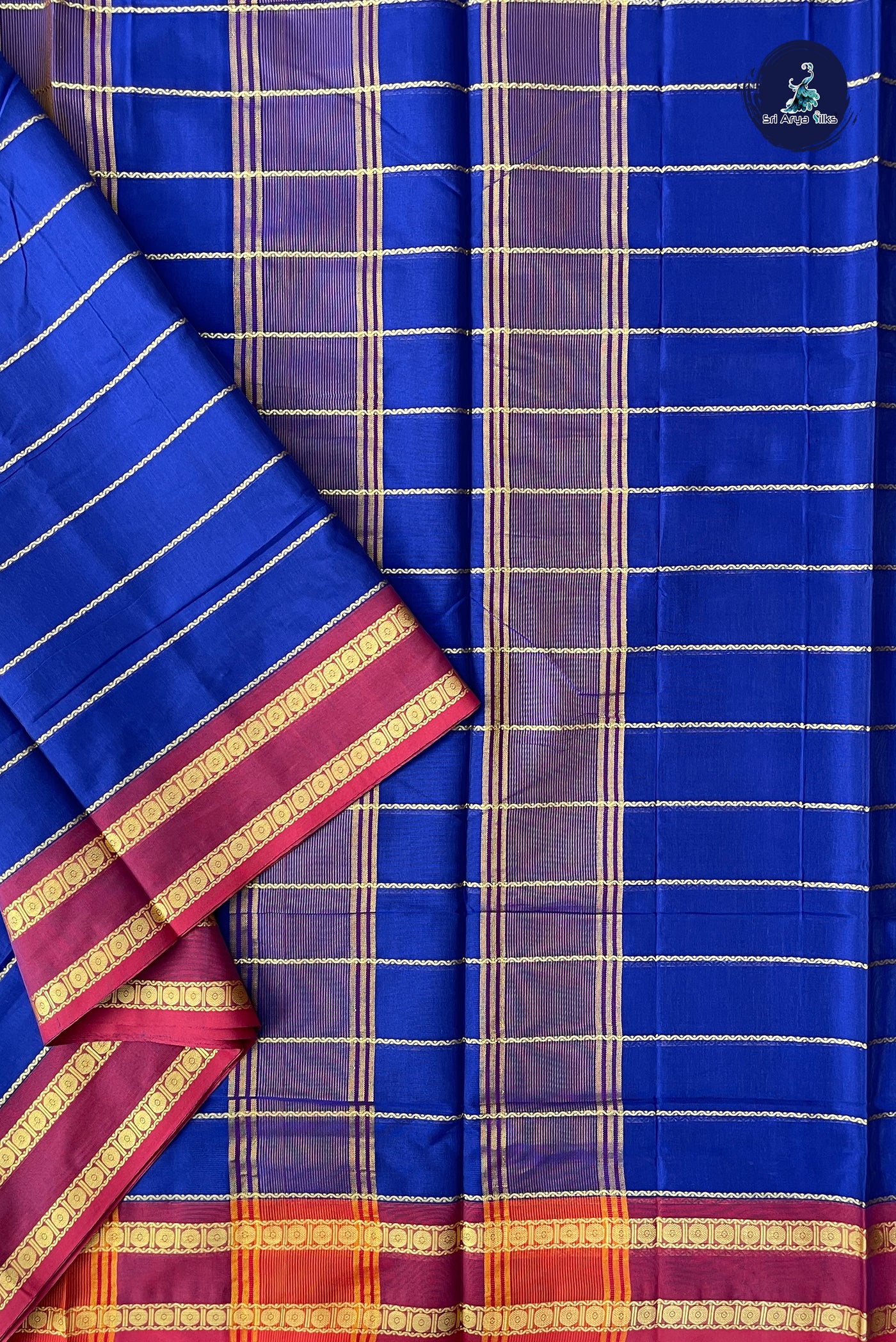 Dark Blue Devendra Cotton Madisar Saree With Veldhari Stripes Pattern