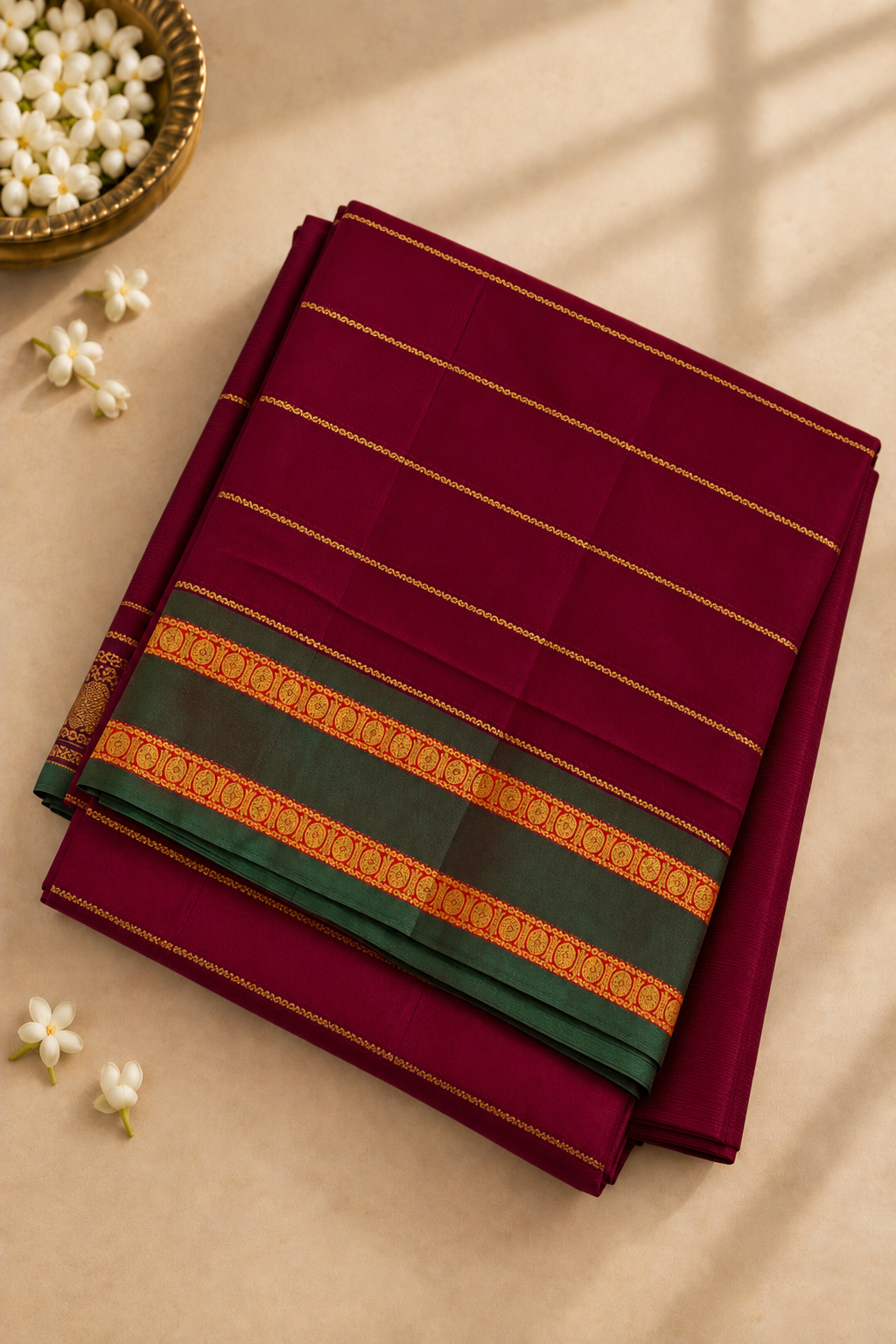 Maroon Devendra Cotton Madisar Saree With Veldhari Stripes Pattern