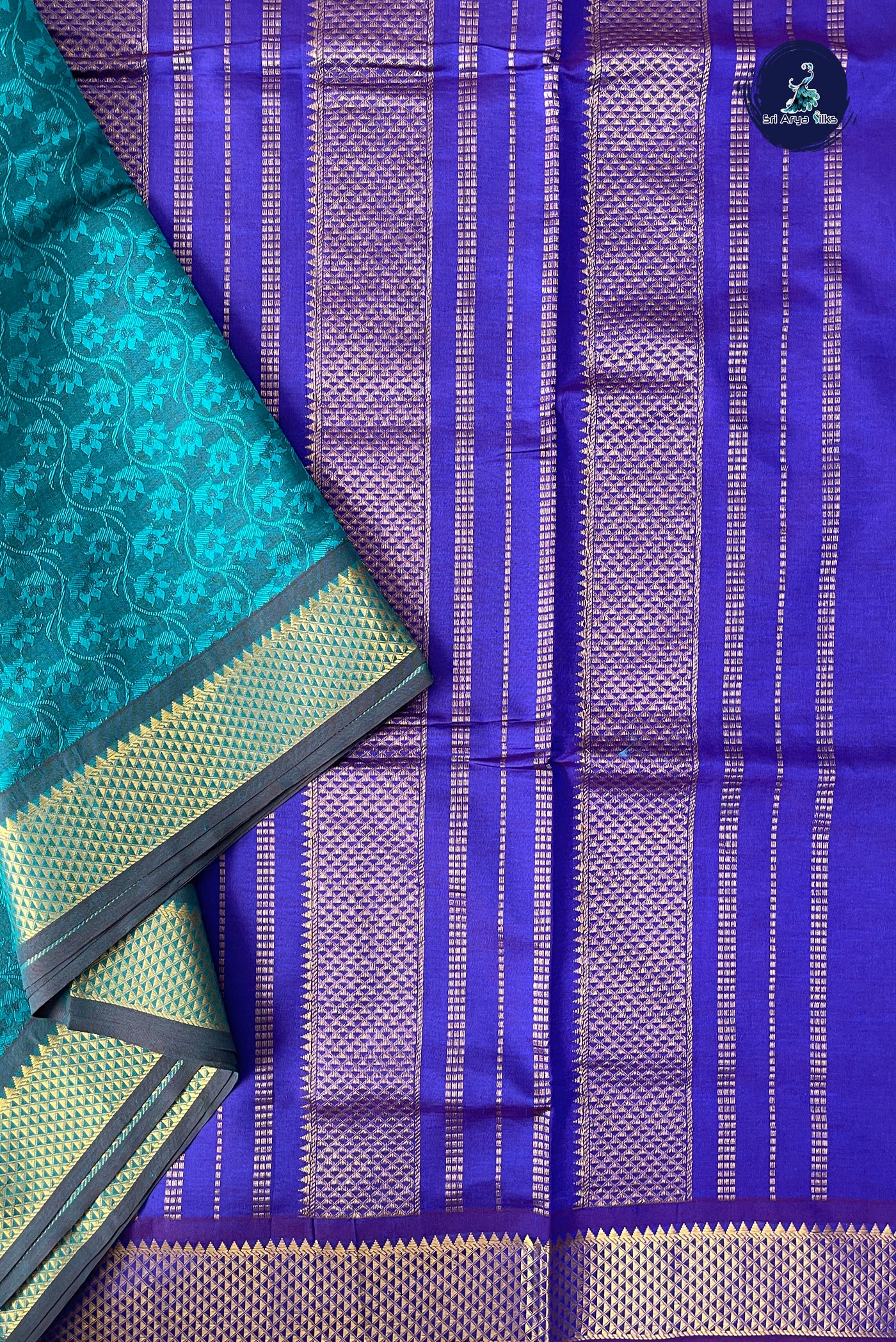 Teal Half Pure Madisar Silk Cotton Saree With Embossed Pattern