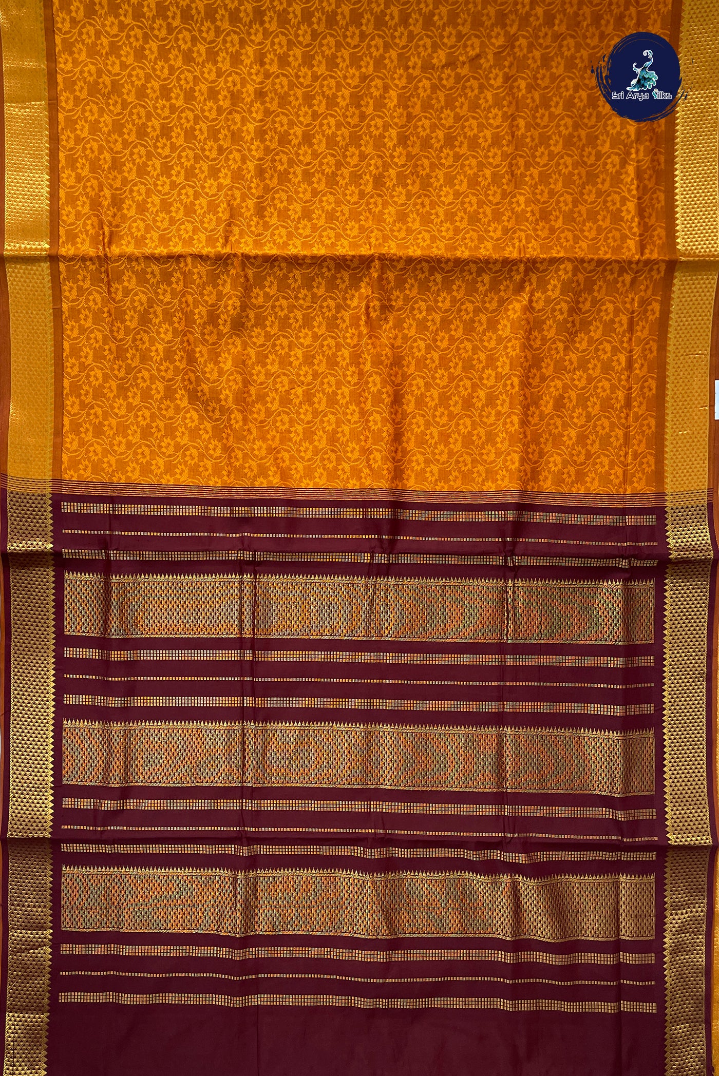 Lite Mustard Orange Half Pure Madisar Silk Cotton Saree With Embossed Pattern