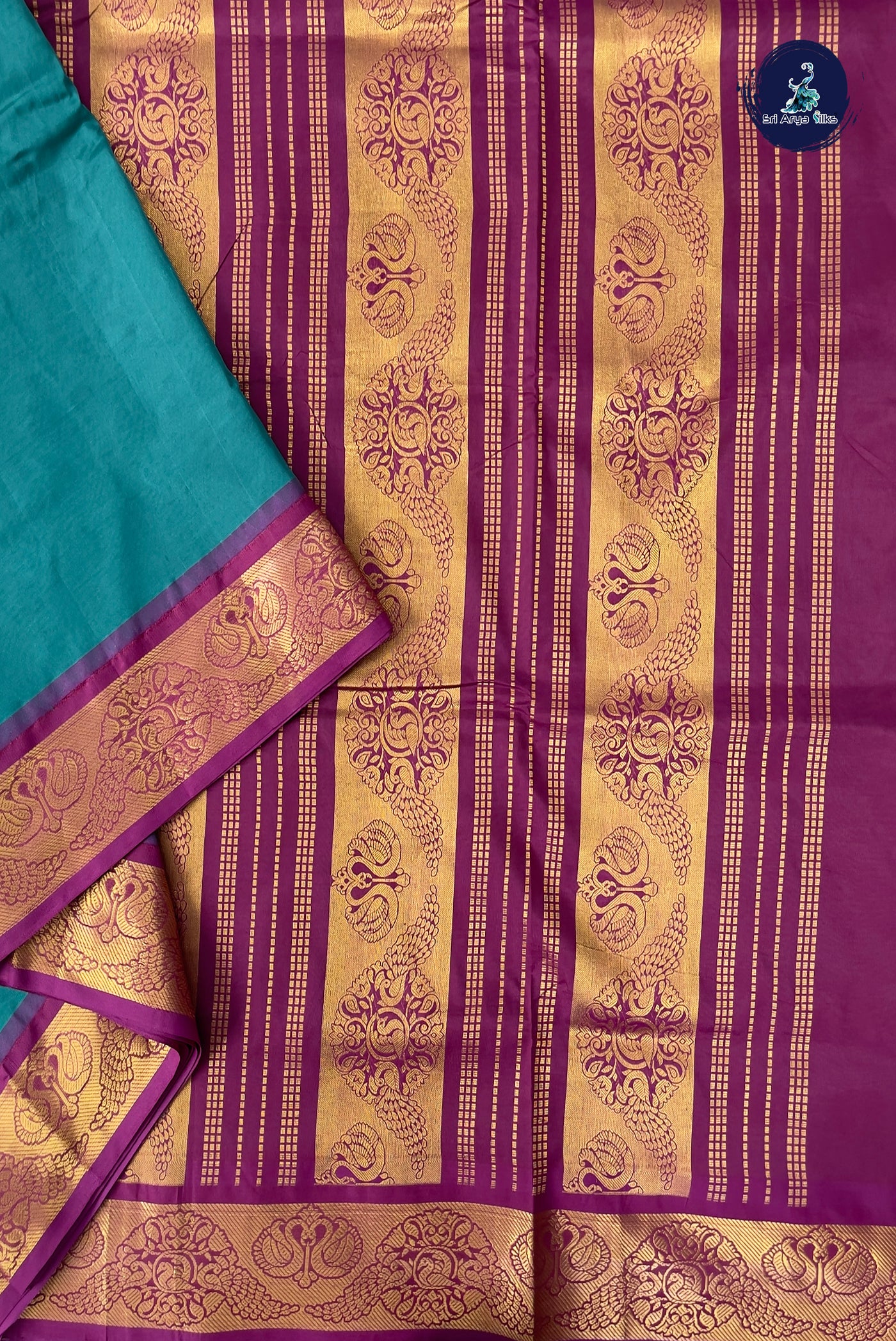 Teal Half Pure Madisar Silk Cotton Saree With Plain Pattern