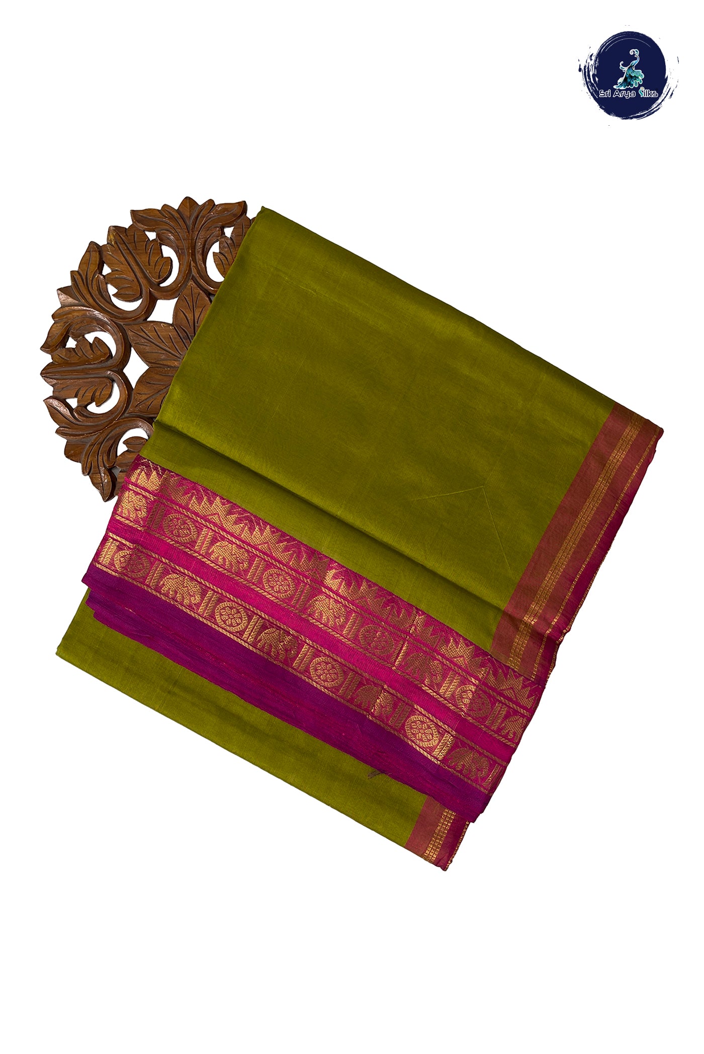 Mehendi Green Half Pure Madisar Silk Cotton Saree With Plain Pattern